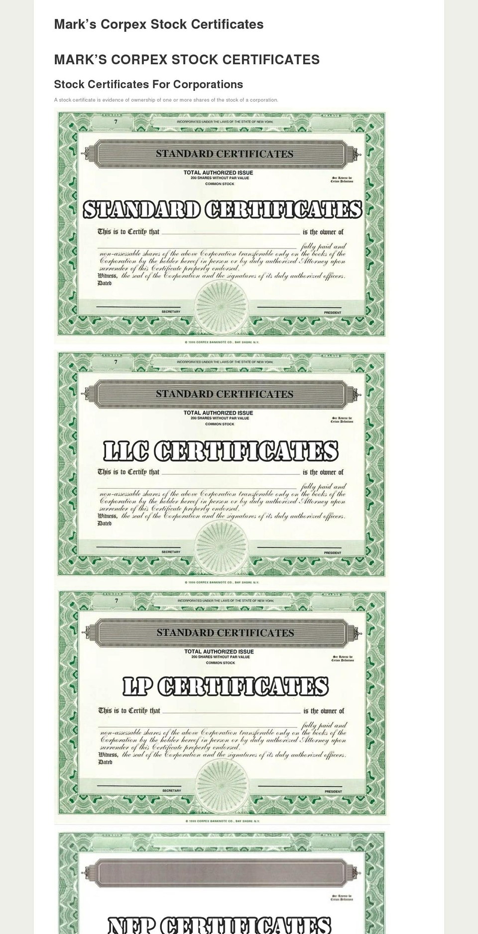 markscorpexstockcertificates.com — Shopify storefront screenshot