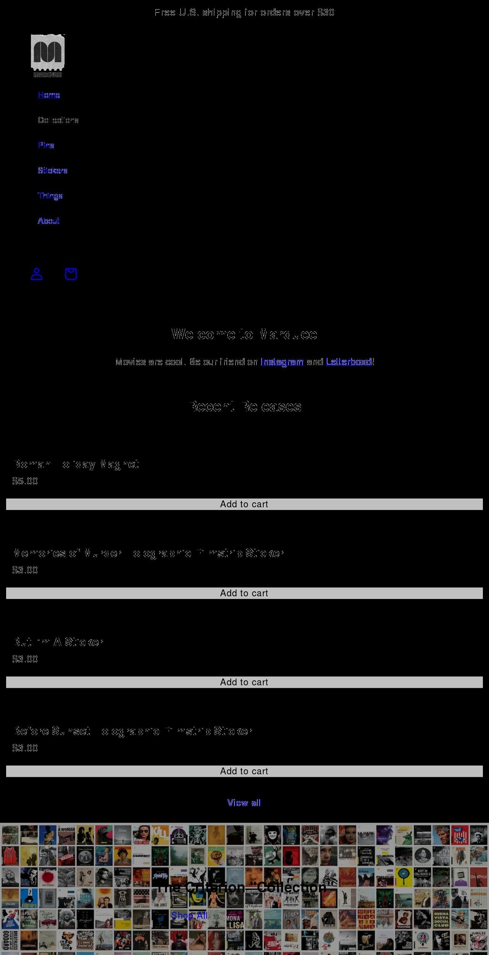 marqueepins.com shopify website screenshot