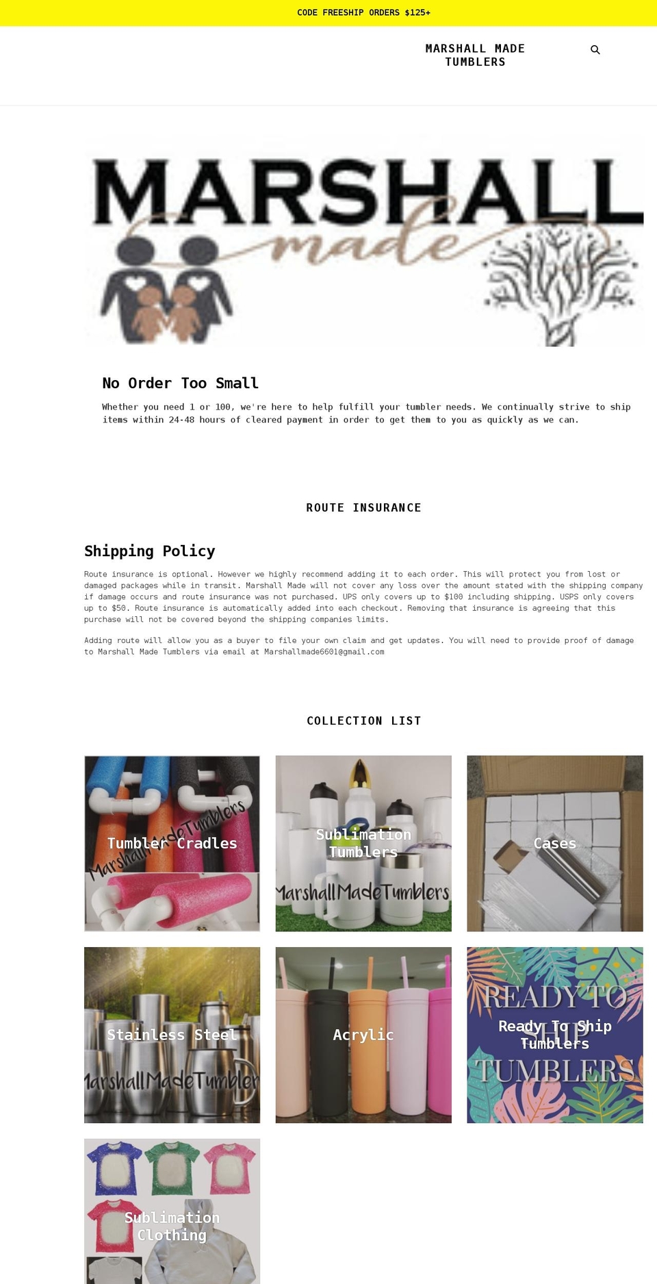 marshallmadetumblers.com shopify website screenshot