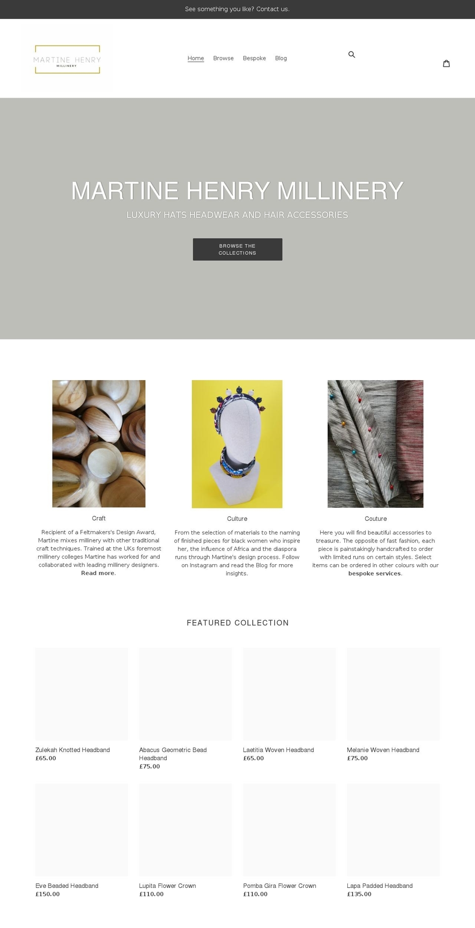 martinehenrymillinery.com shopify website screenshot