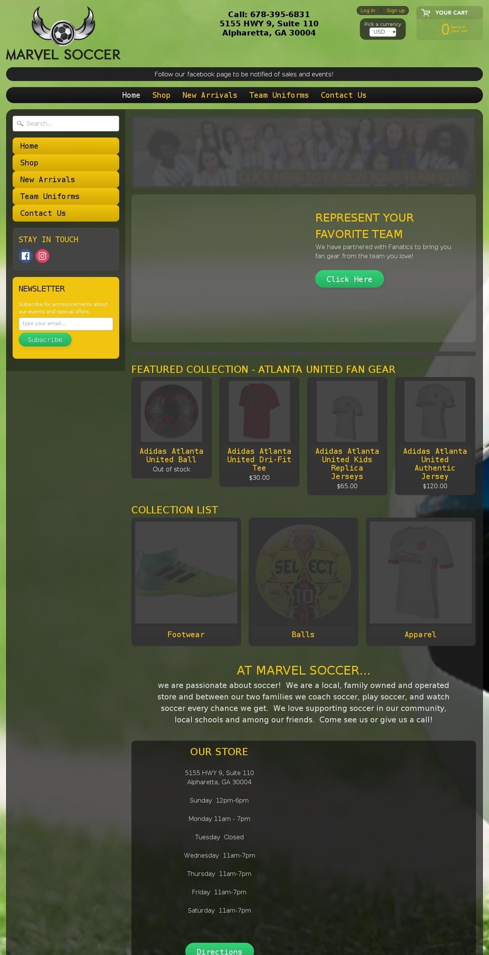 marvelsoccer.com — Shopify storefront screenshot