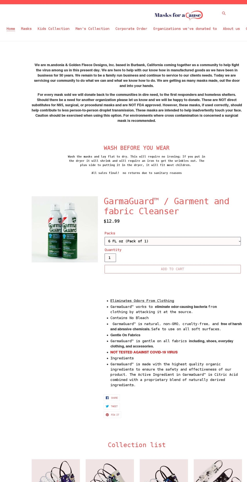 masksforacause.com shopify website screenshot