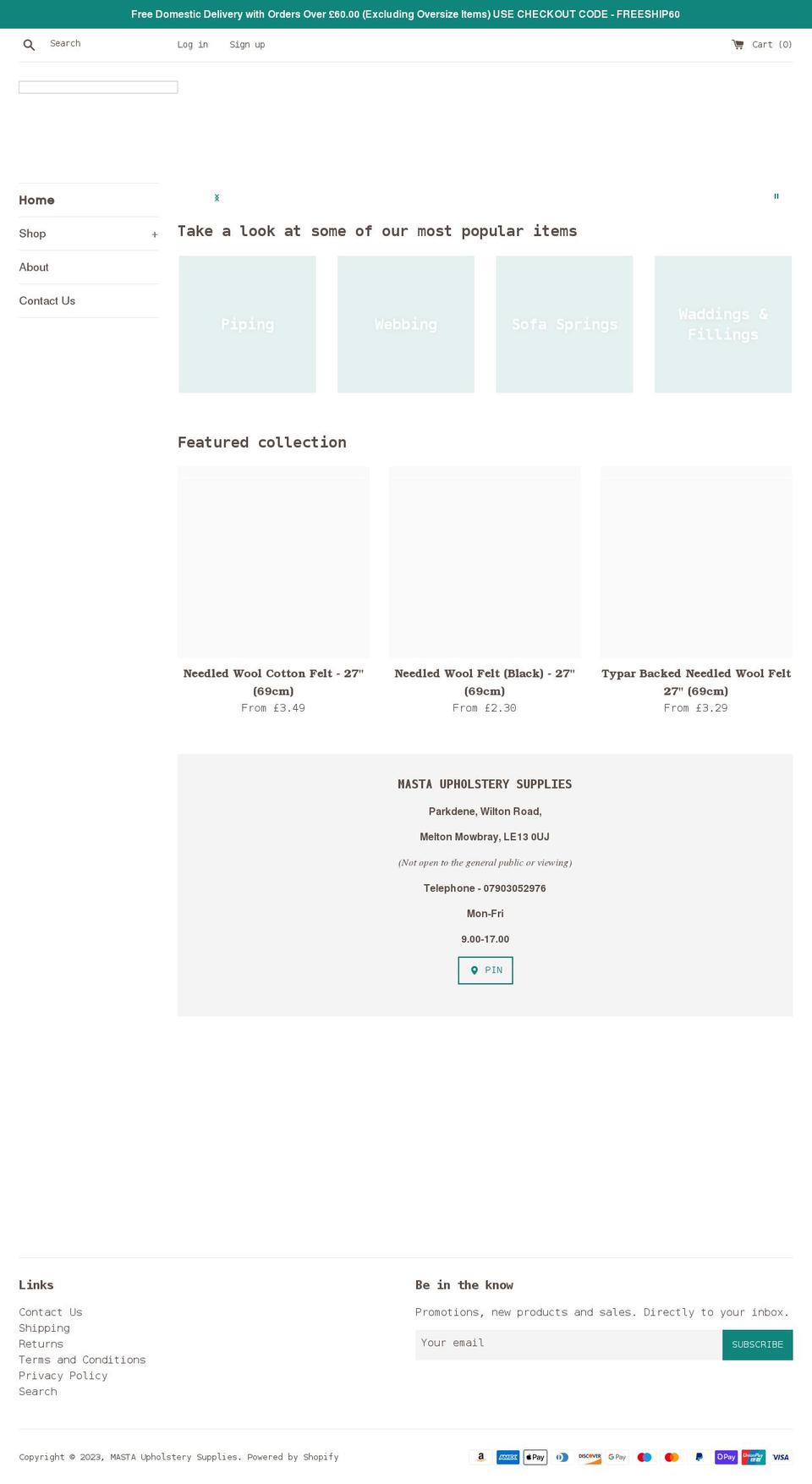 mastaupholsterysupplies.co.uk shopify website screenshot