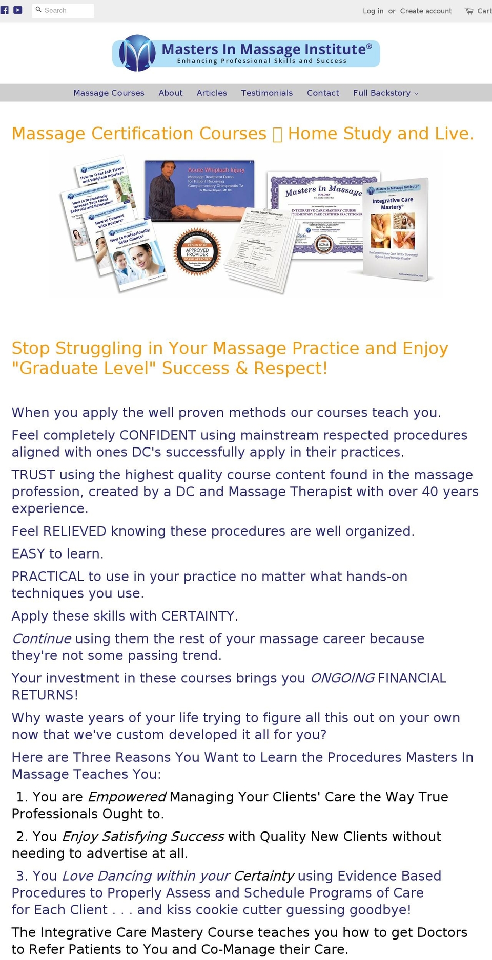 mastersinmassage.org shopify website screenshot