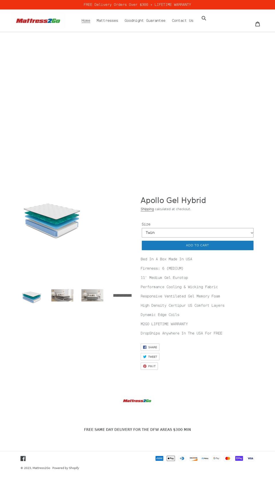 mattress2go.net shopify website screenshot