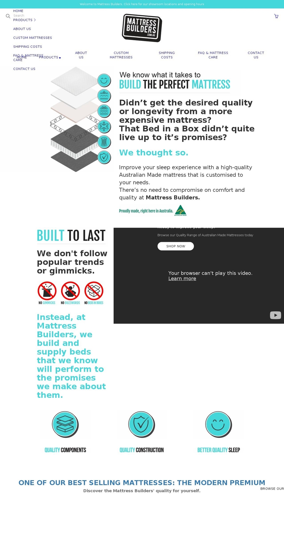 mattressbuilders.com.au shopify website screenshot