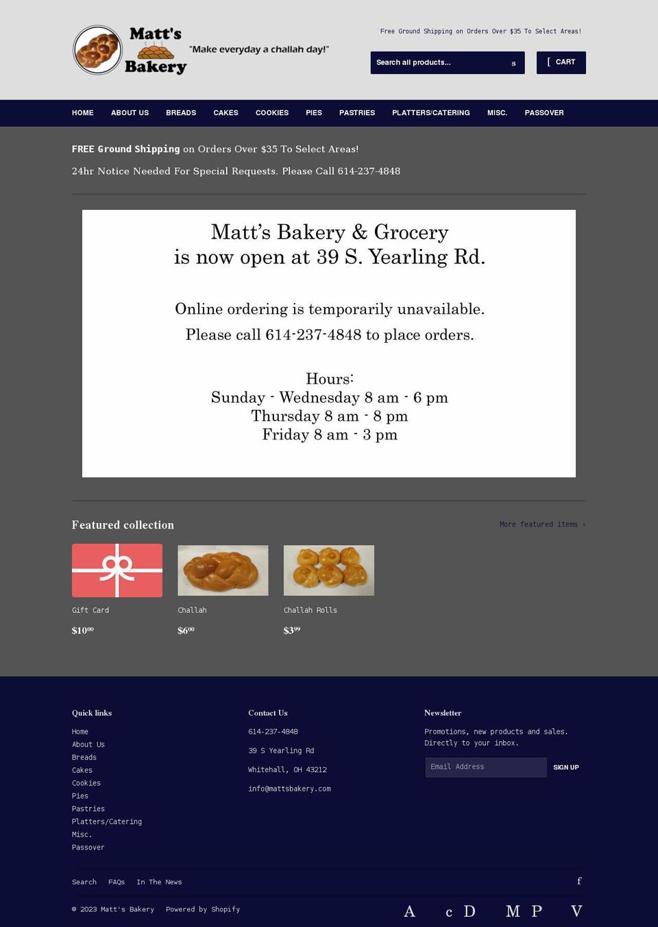 mattsbakery.com shopify website screenshot
