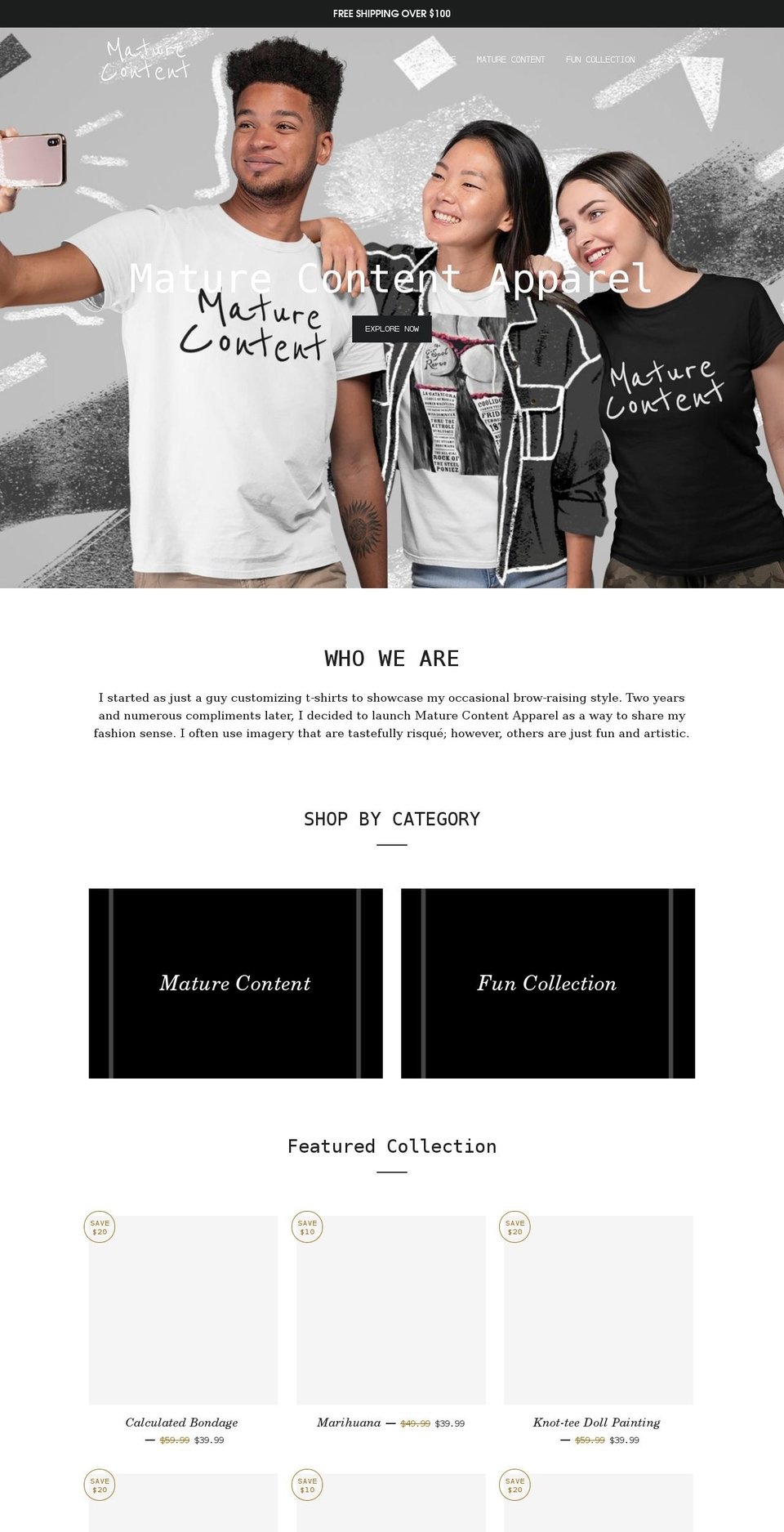 maturecontentapparel.com shopify website screenshot