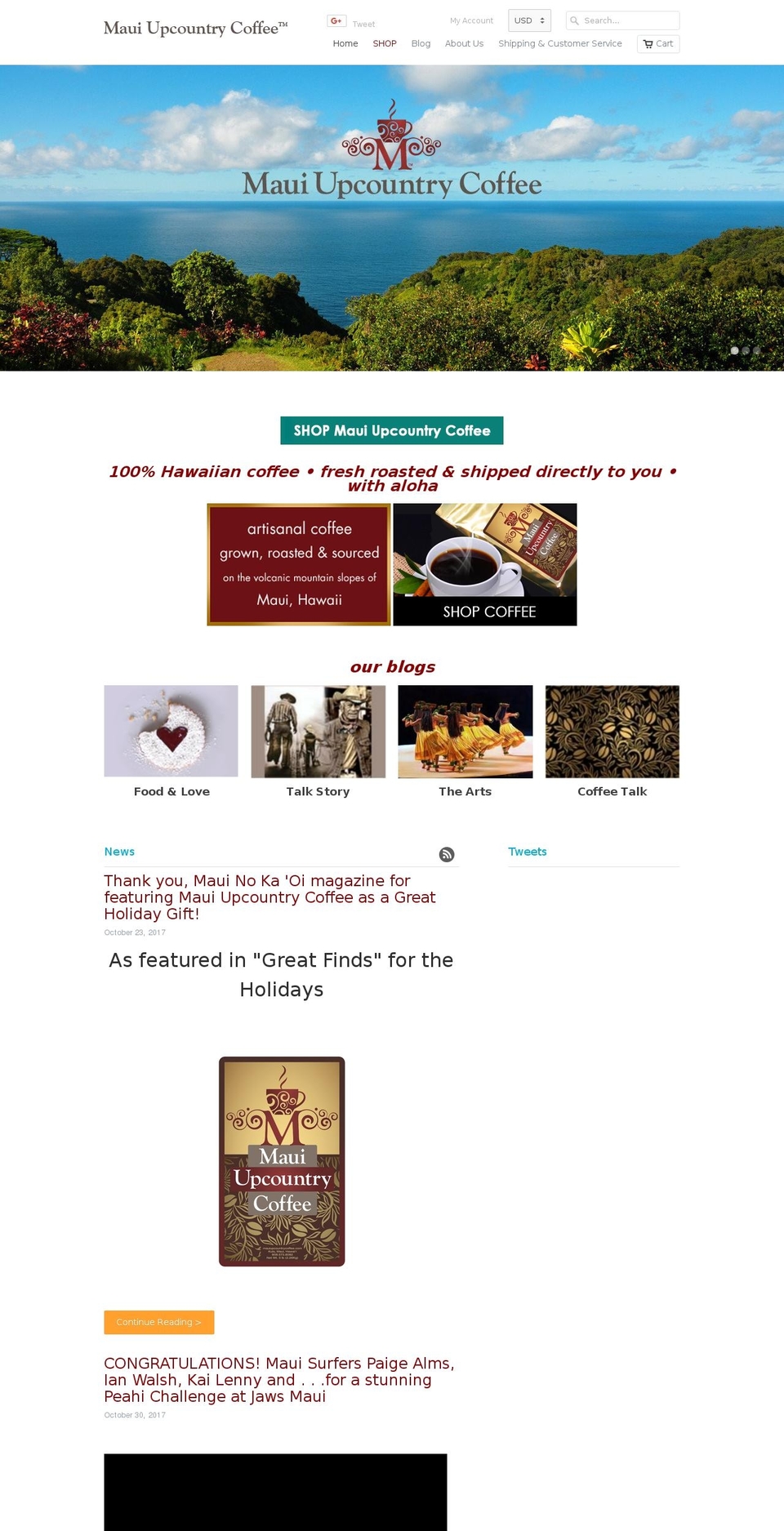 mauiupcountrycoffeeroasters.com — Shopify storefront screenshot