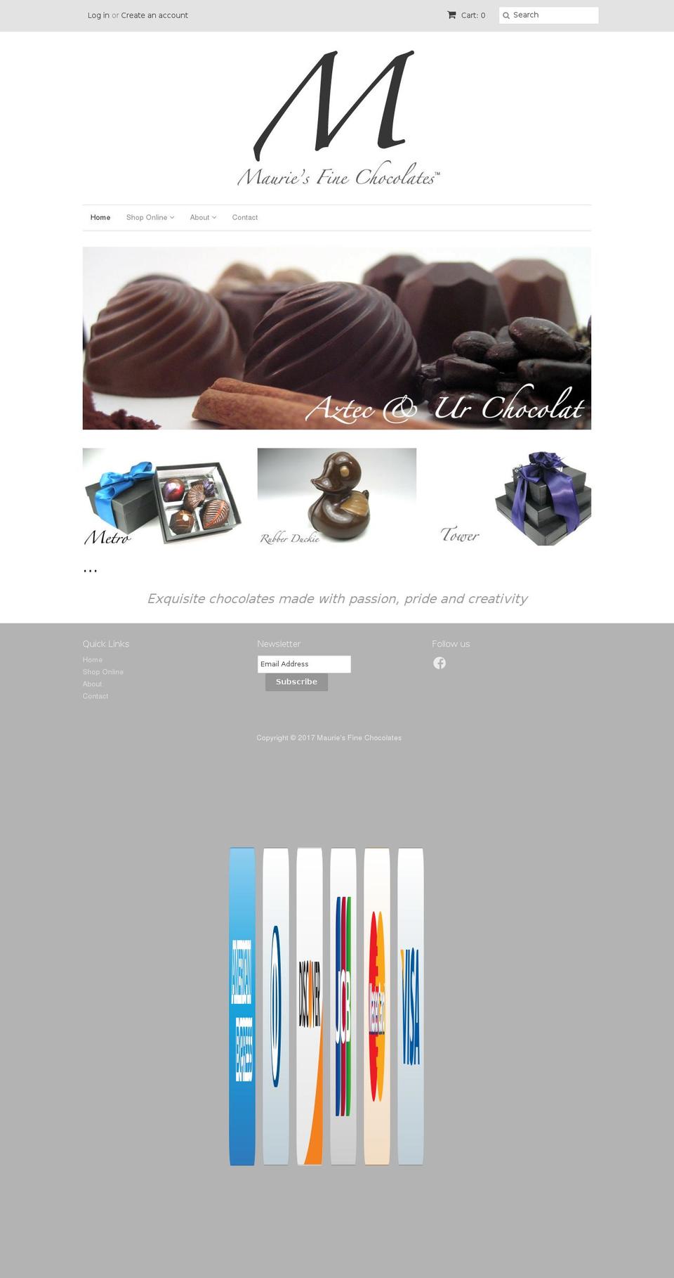 mauriesfinechocolateofmadison.com shopify website screenshot