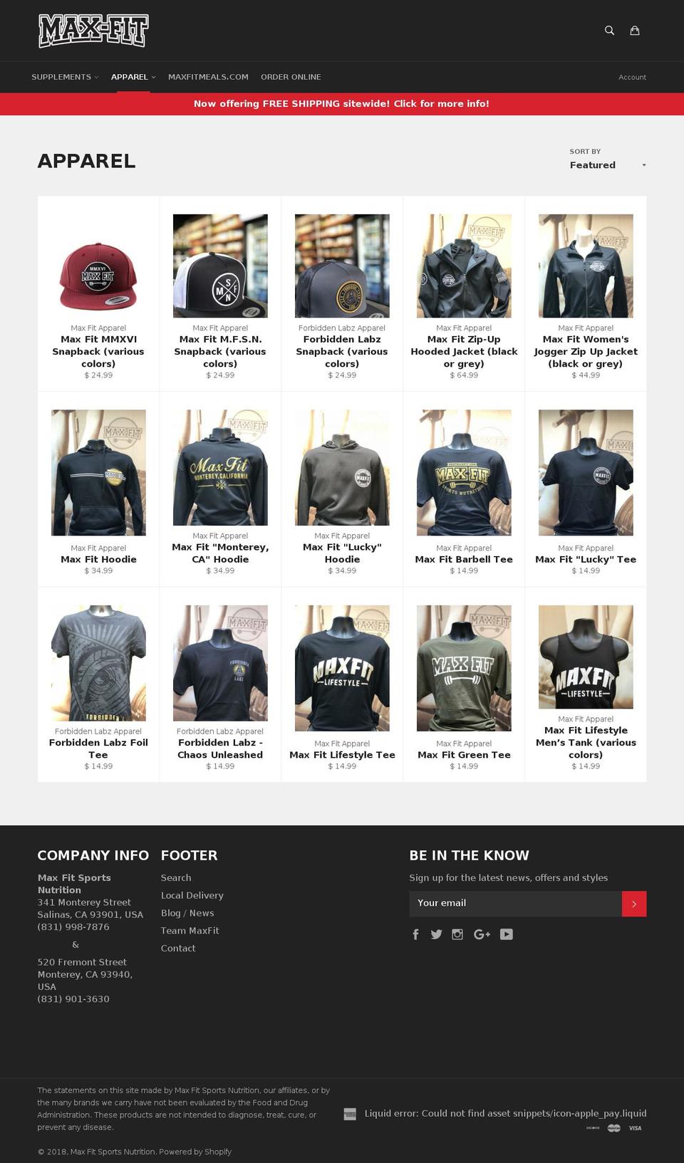 maxfitapparel.com — Shopify storefront screenshot