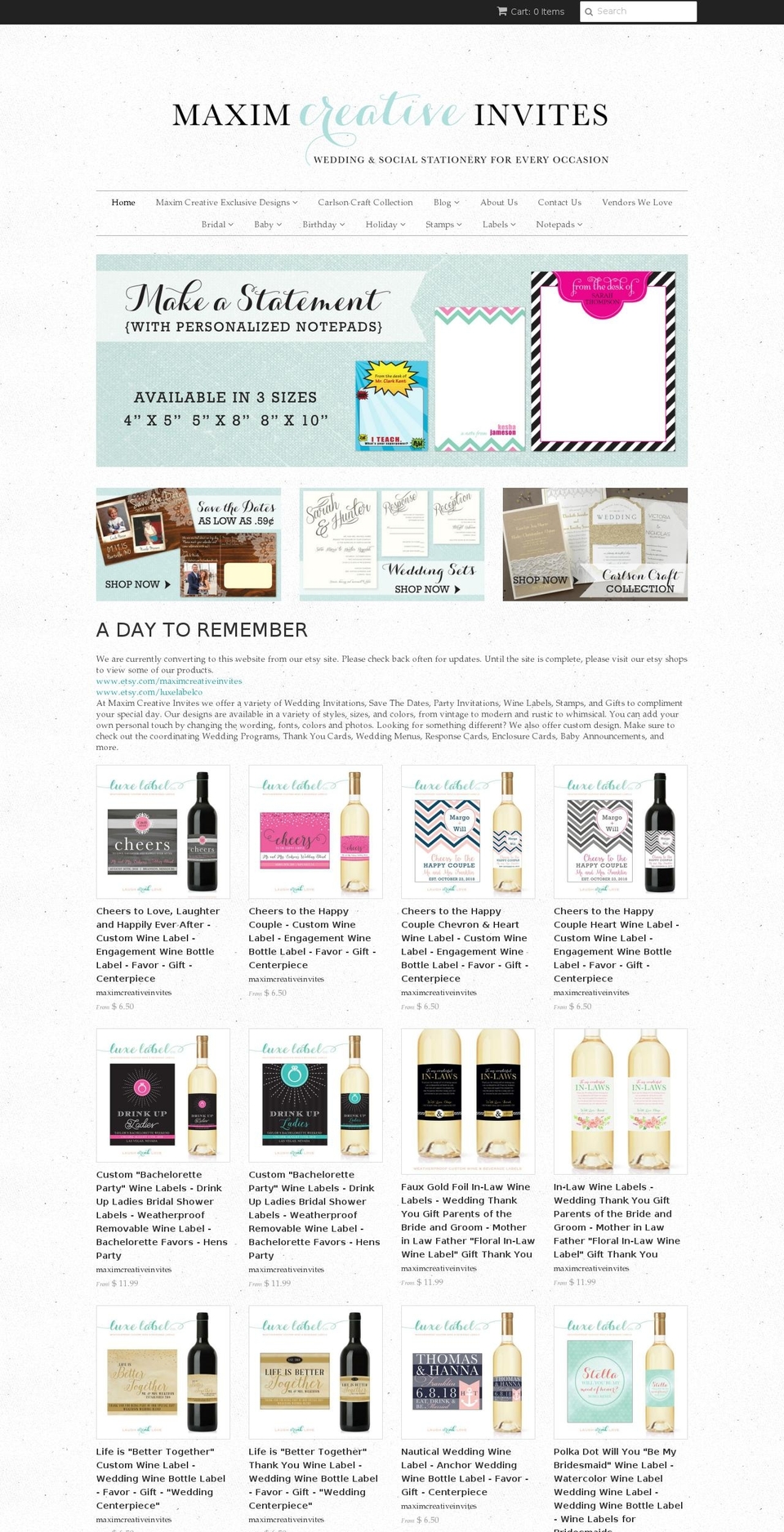 maximcreativeinvites.net shopify website screenshot