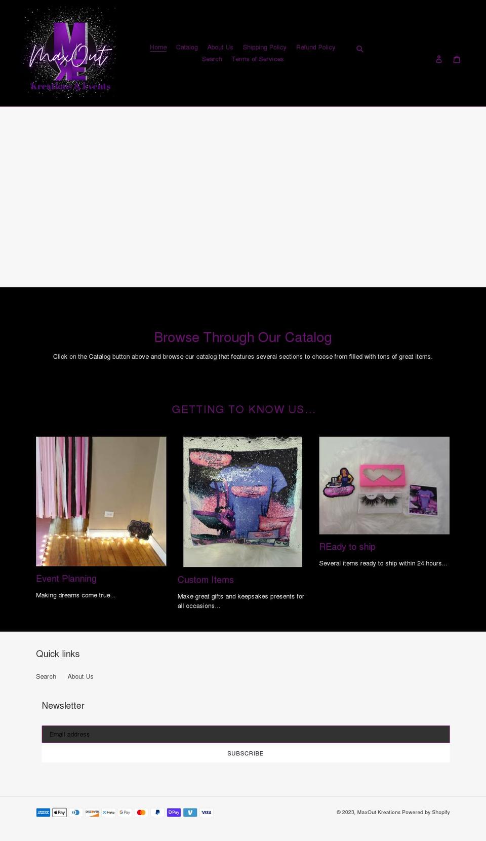 maxoutkreations.com shopify website screenshot