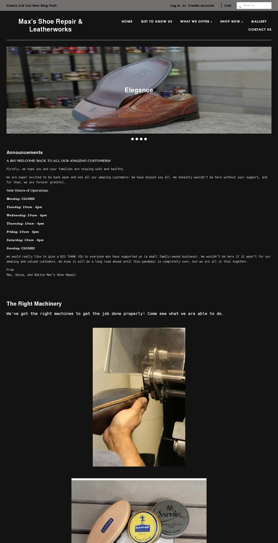 maxsshoerepairandleatherworks.com shopify website screenshot