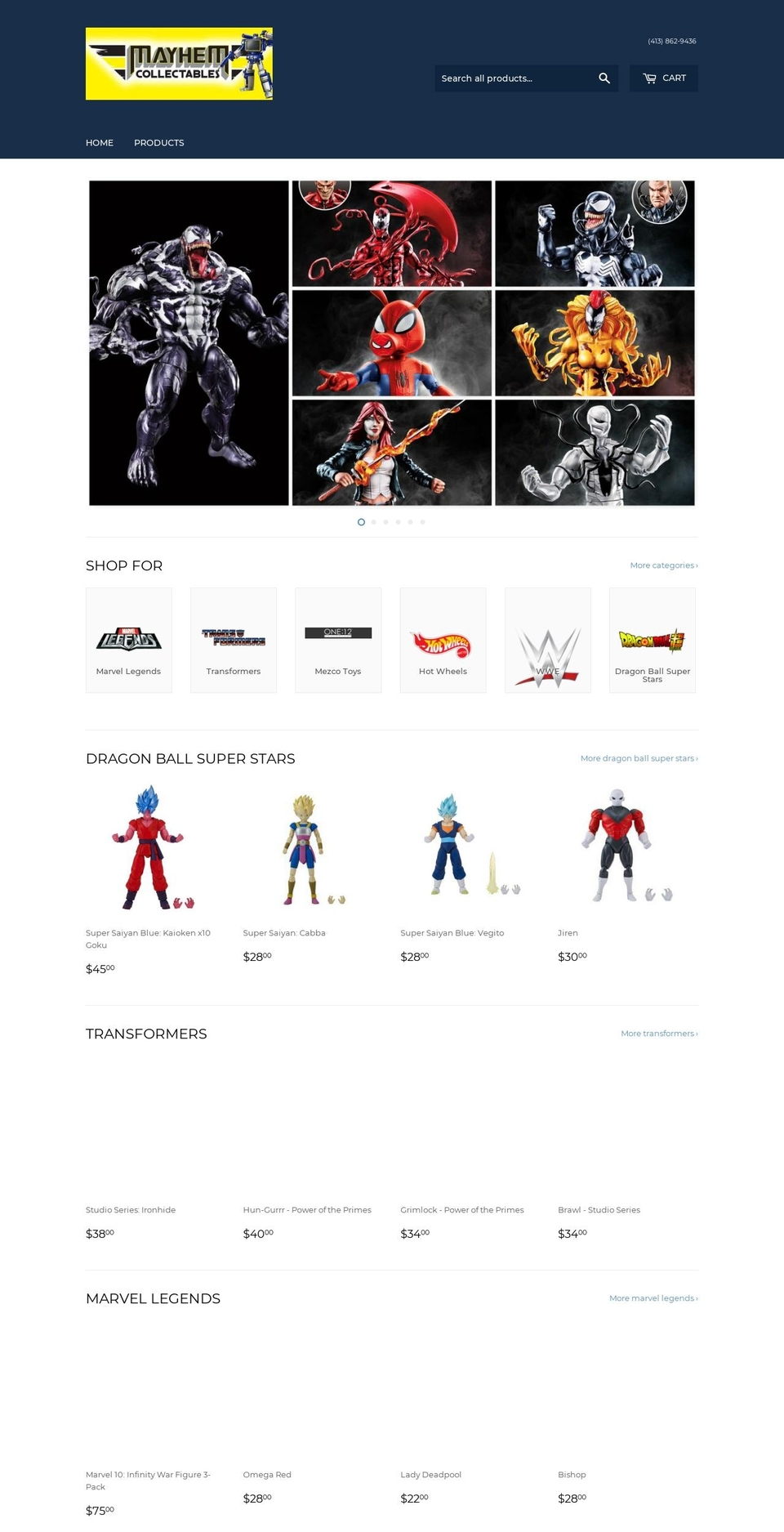 mayhemcollectables.com shopify website screenshot