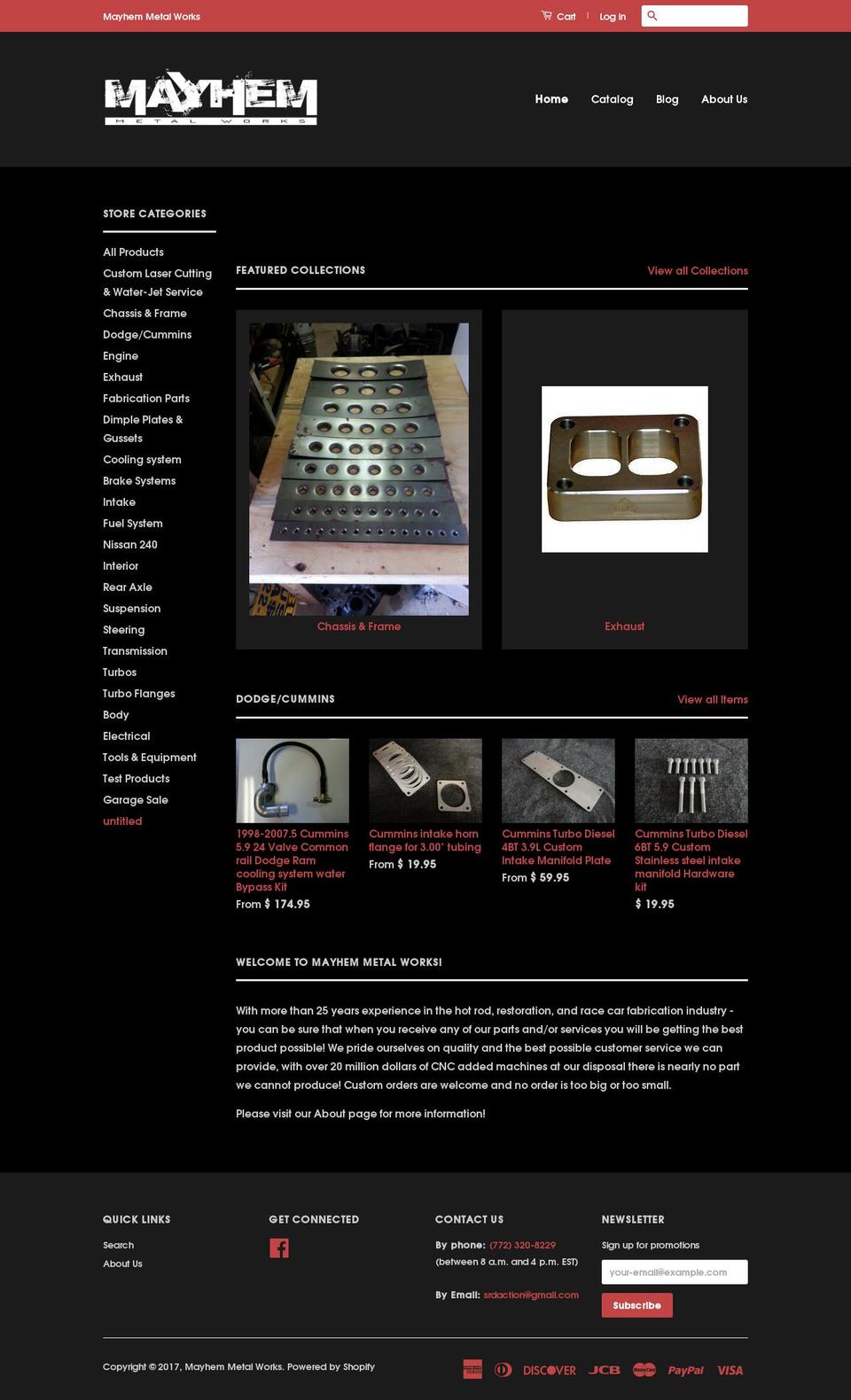 mayhemmetalworks.net shopify website screenshot