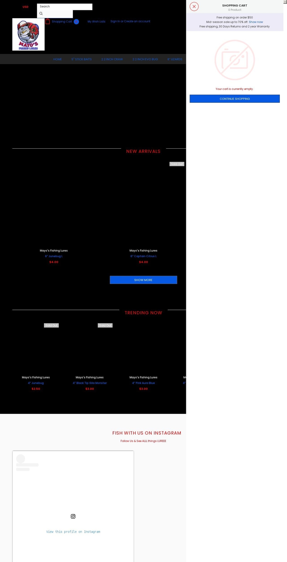 mayofishinglures.com shopify website screenshot