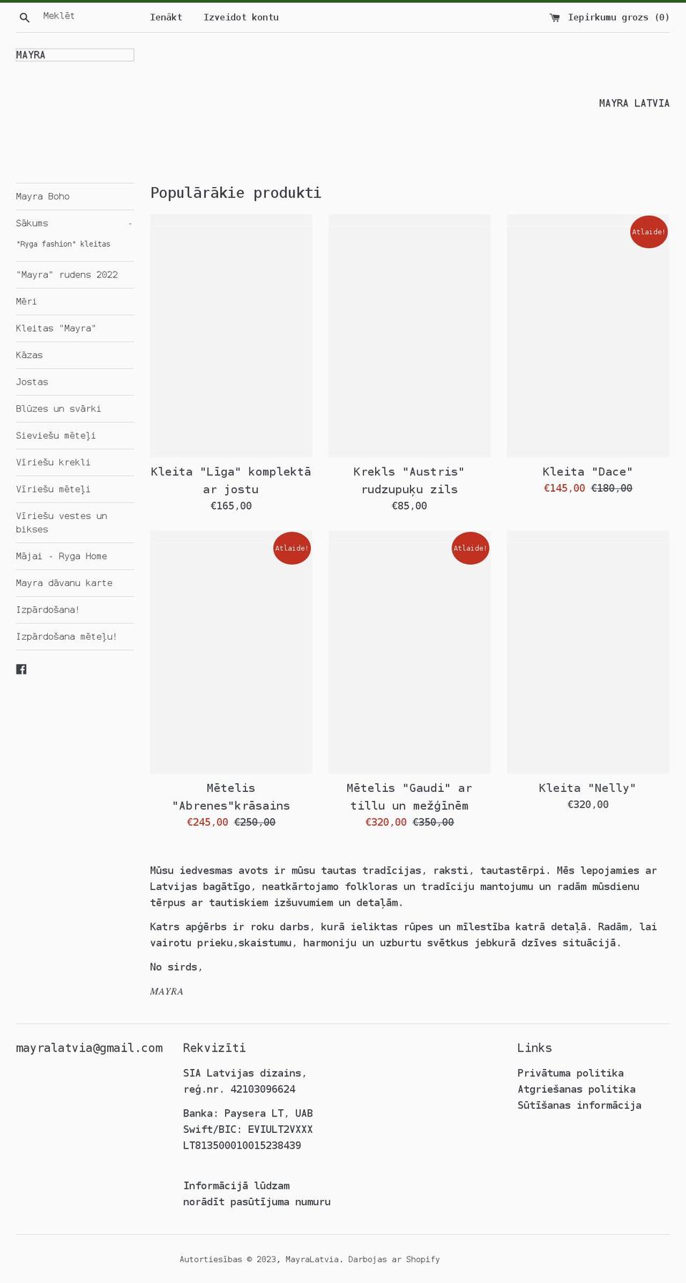 mayralatvia.com shopify website screenshot