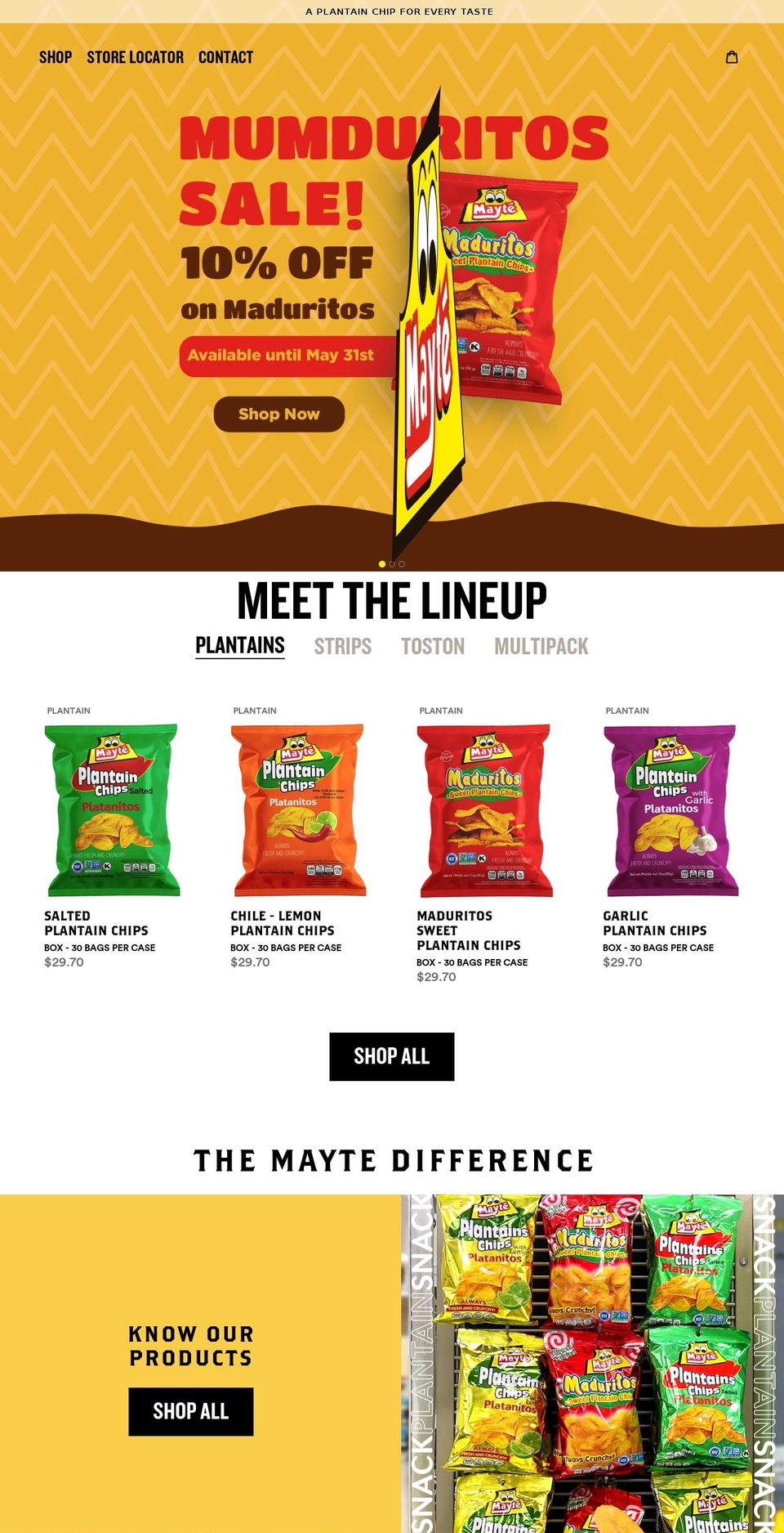 mayteplantainchips.com shopify website screenshot