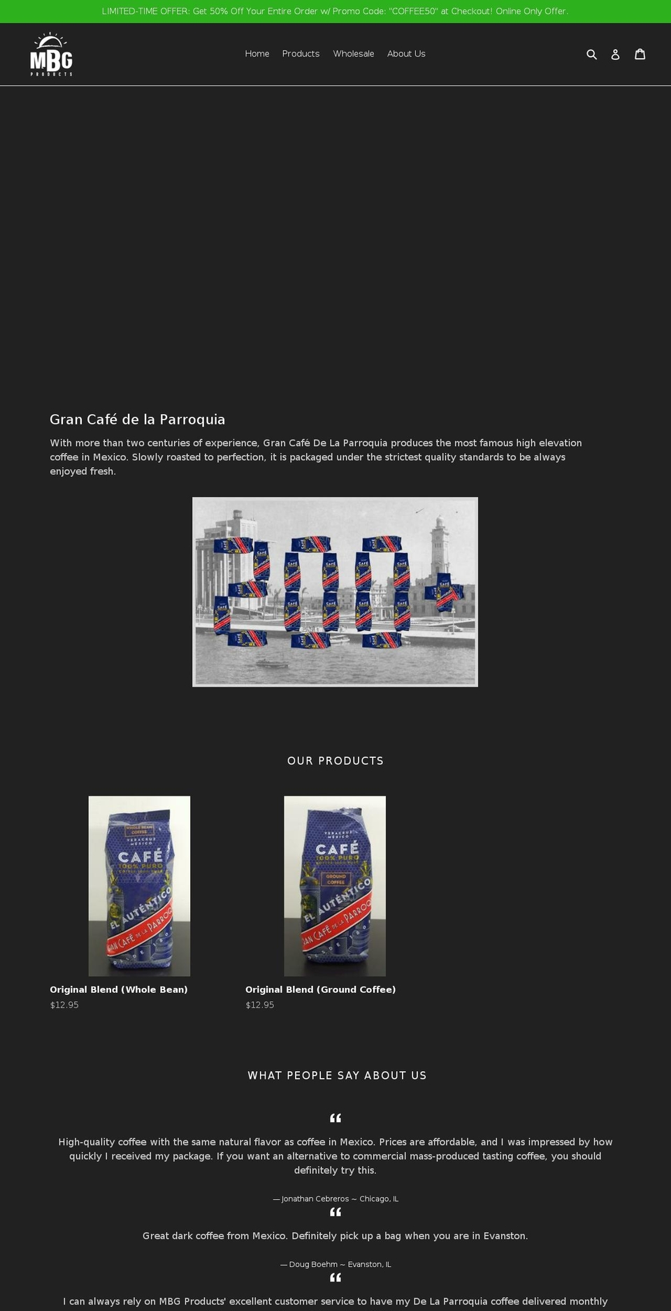 mbgproducts.com — Shopify storefront screenshot