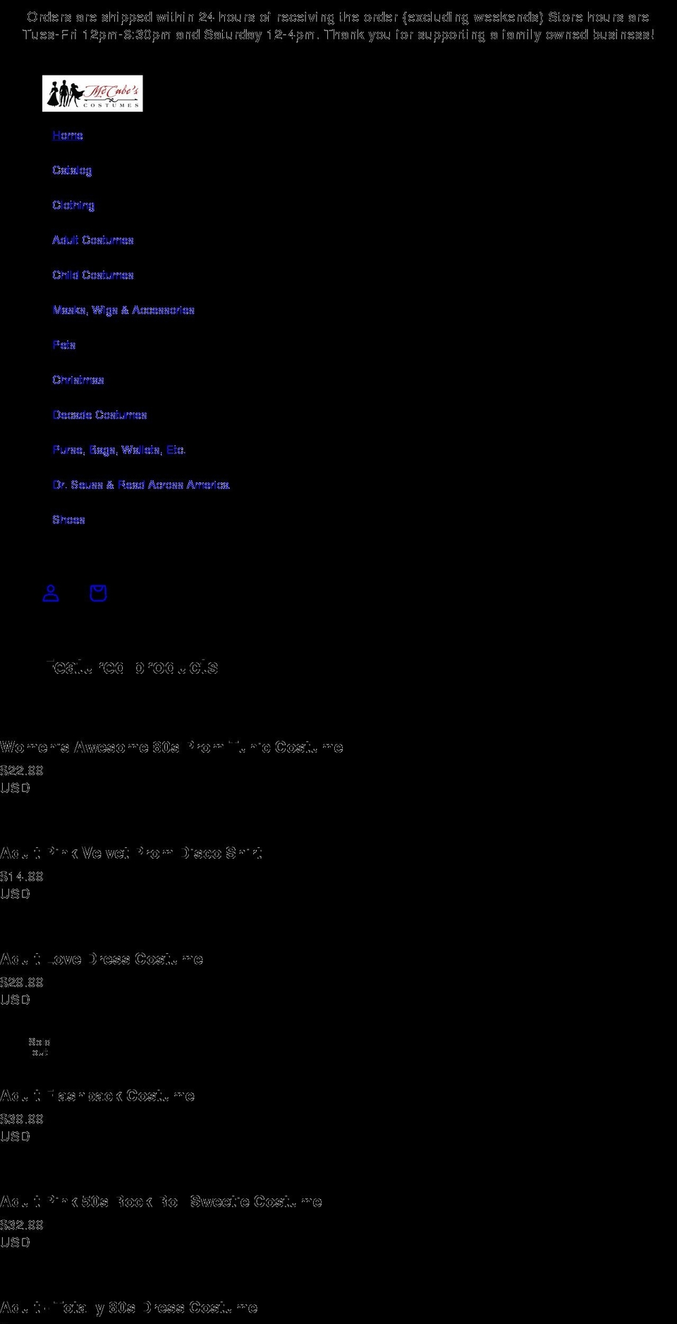 mccabescostumes.com shopify website screenshot
