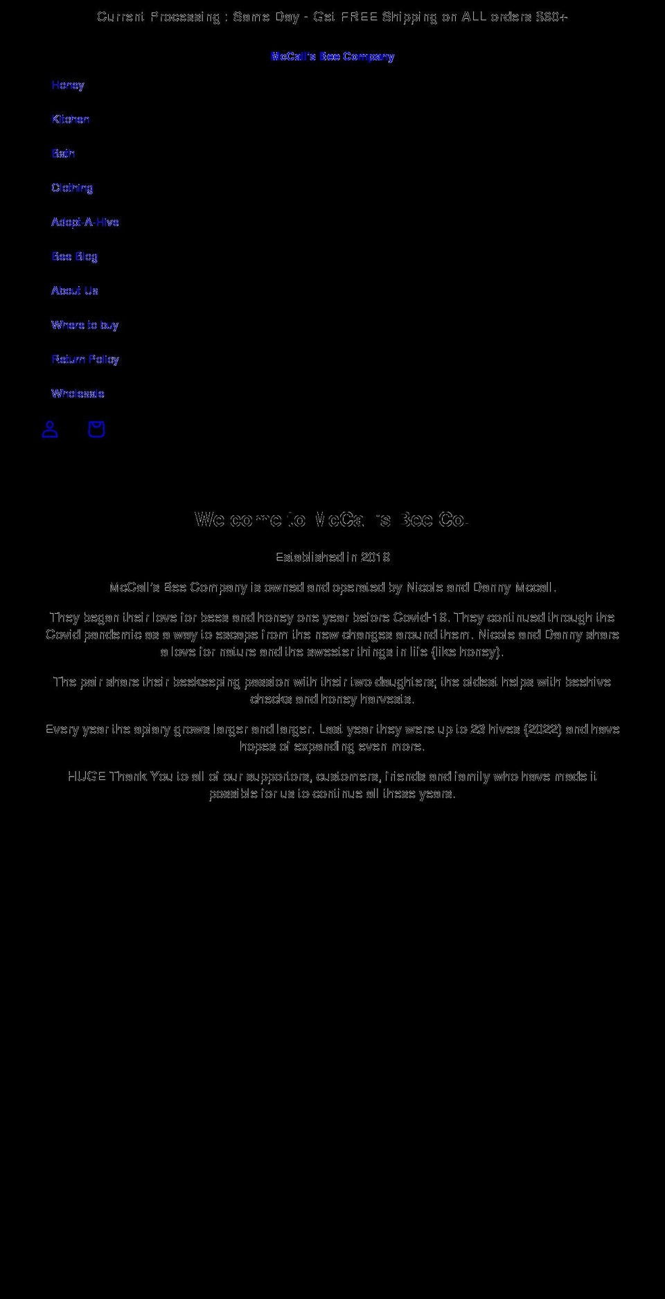 mccallsbeecompany.com shopify website screenshot