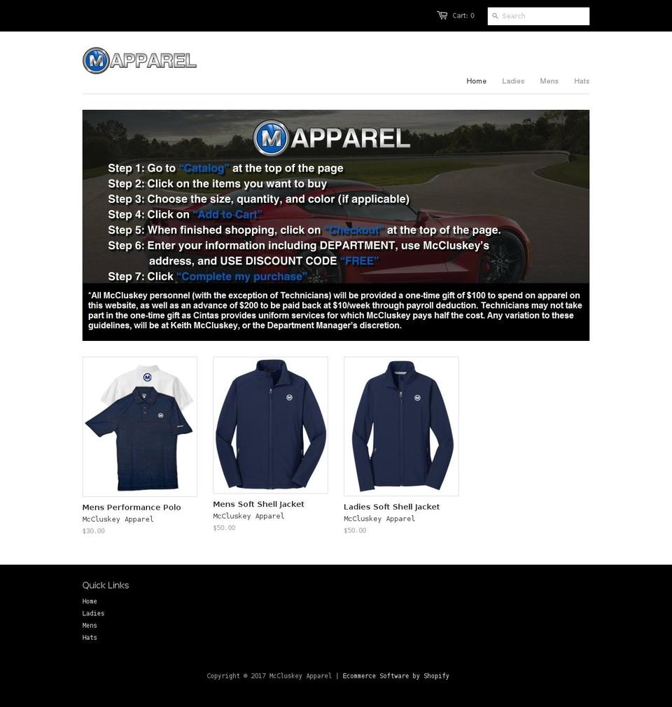 mccluskeyapparel.com shopify website screenshot