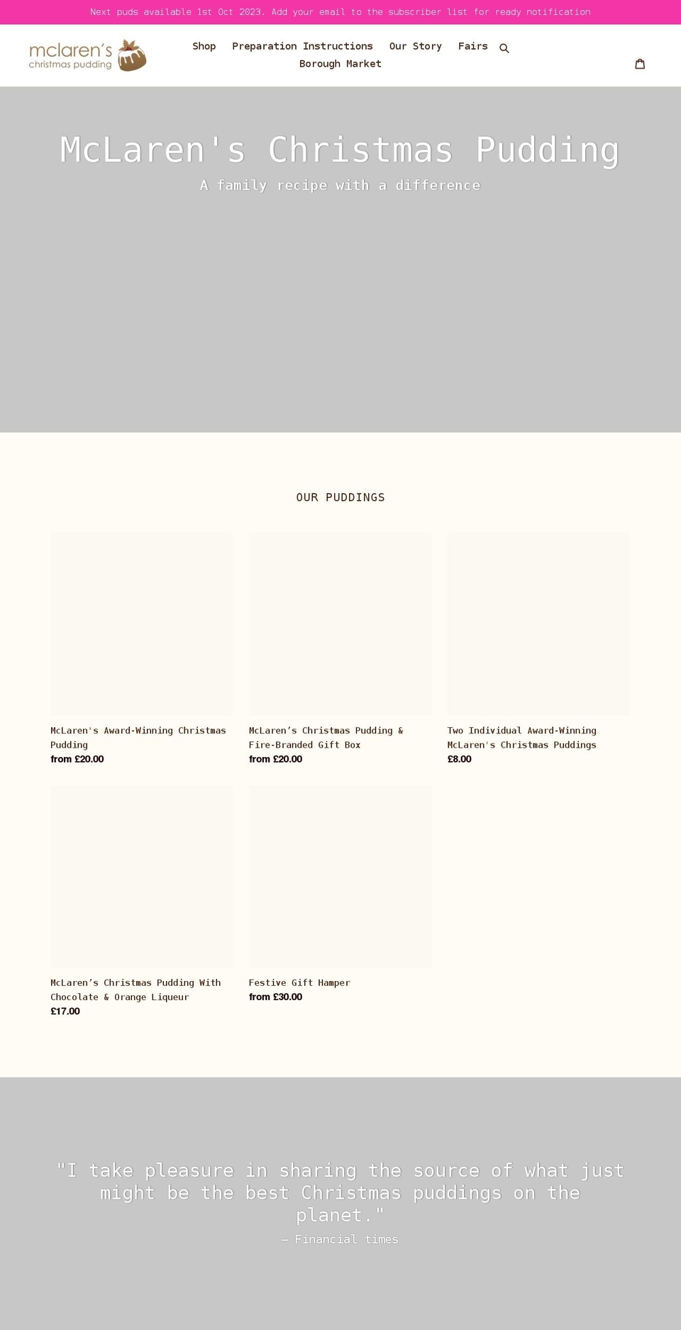 mclarenschristmaspudding.co.uk shopify website screenshot