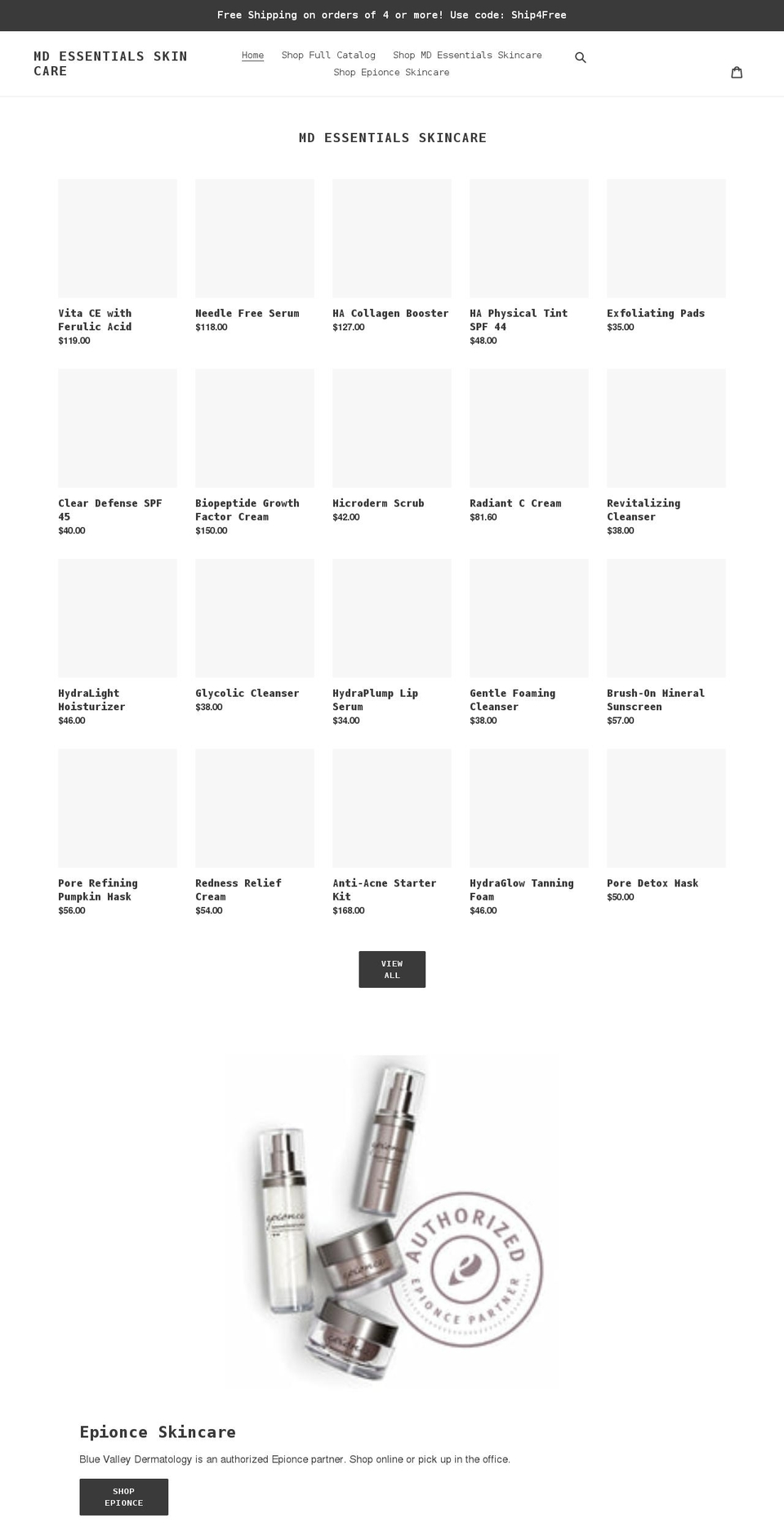 mdessentialsskincare.com shopify website screenshot