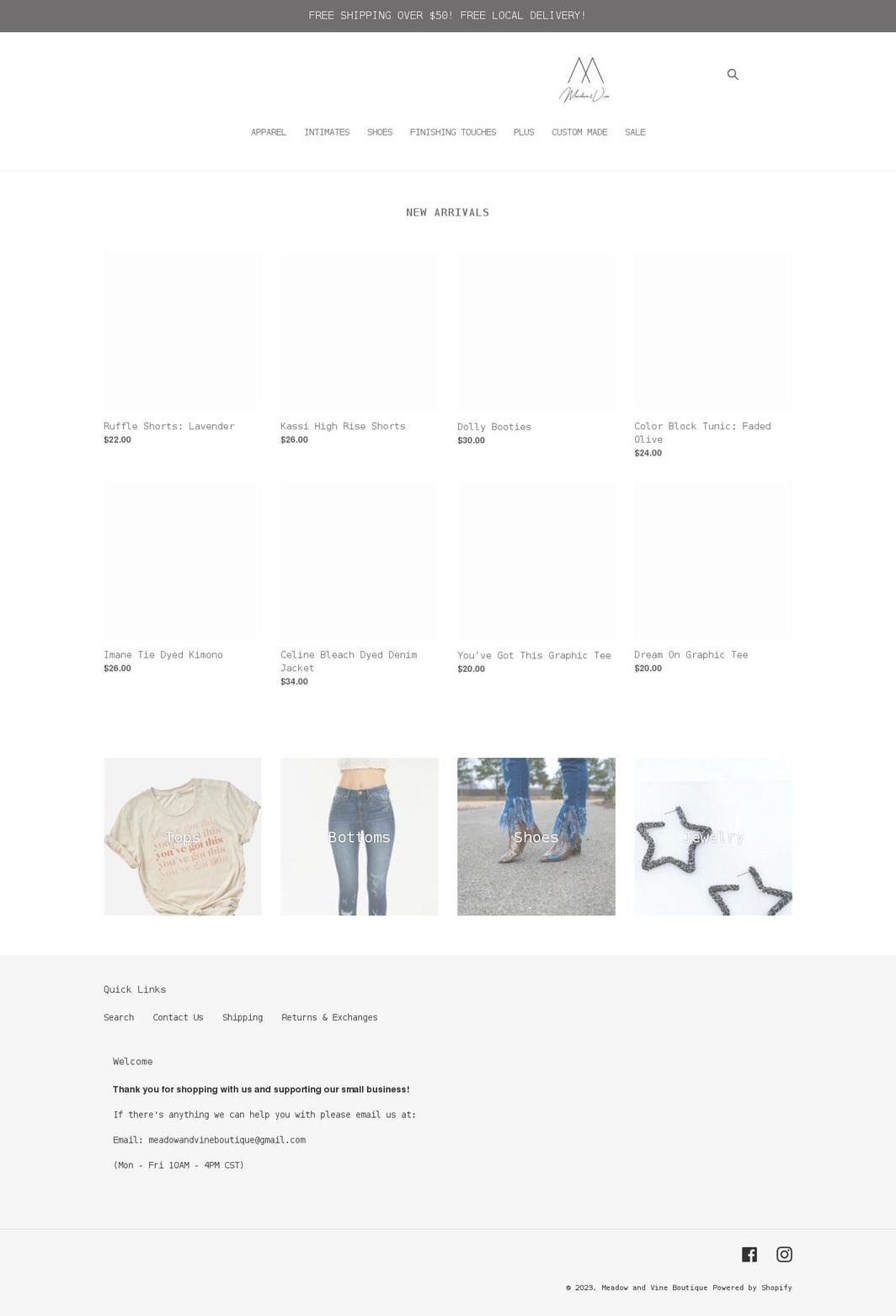 meadowandvineboutique.com shopify website screenshot