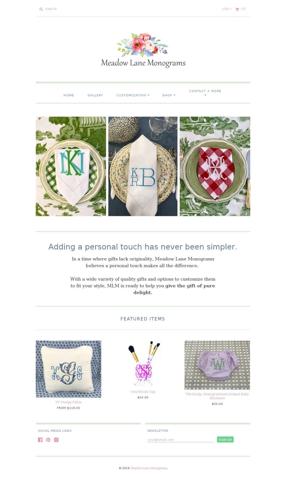 meadowlanemonograms.com shopify website screenshot