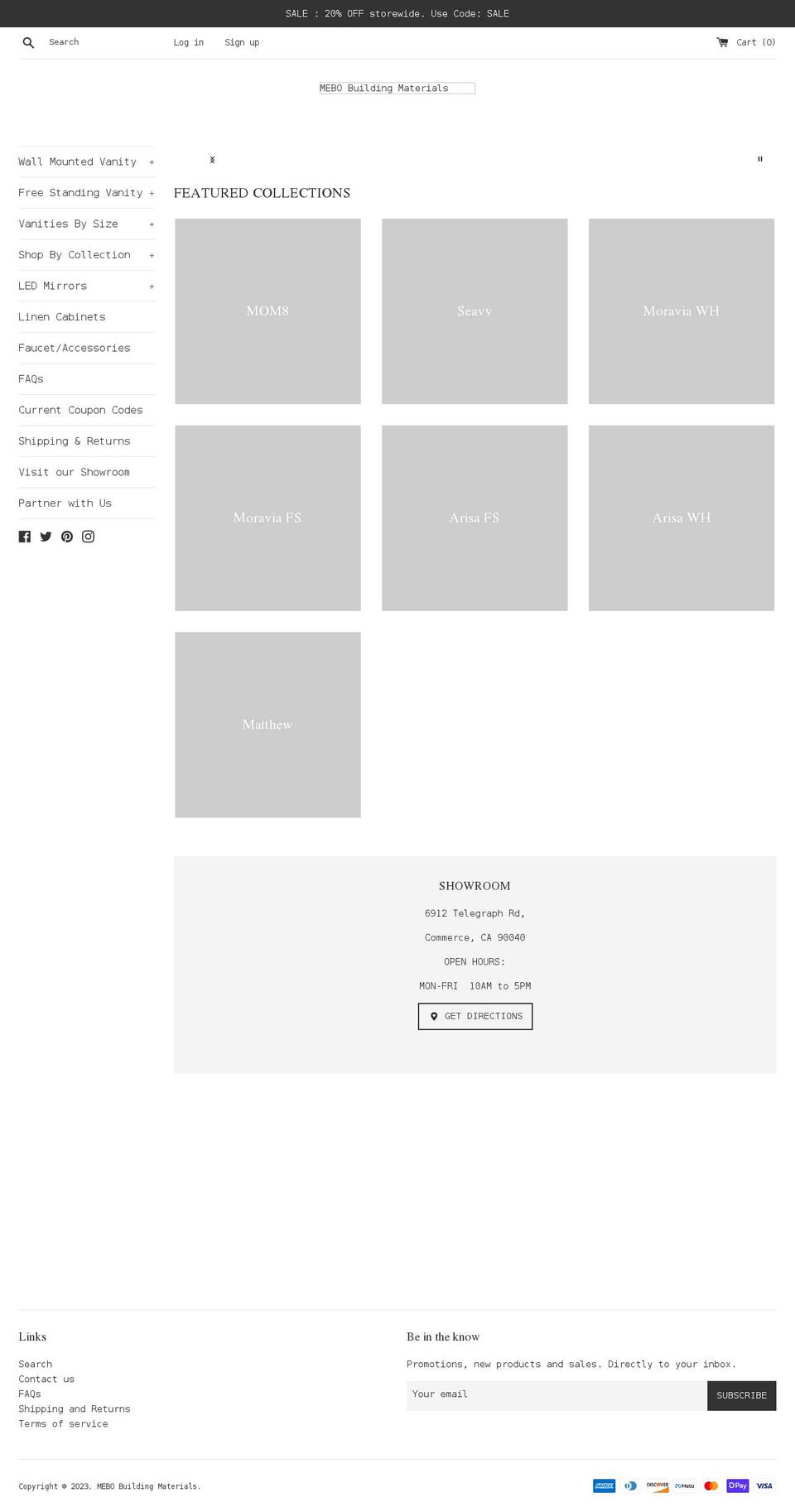 mebobuildingmaterials.com shopify website screenshot
