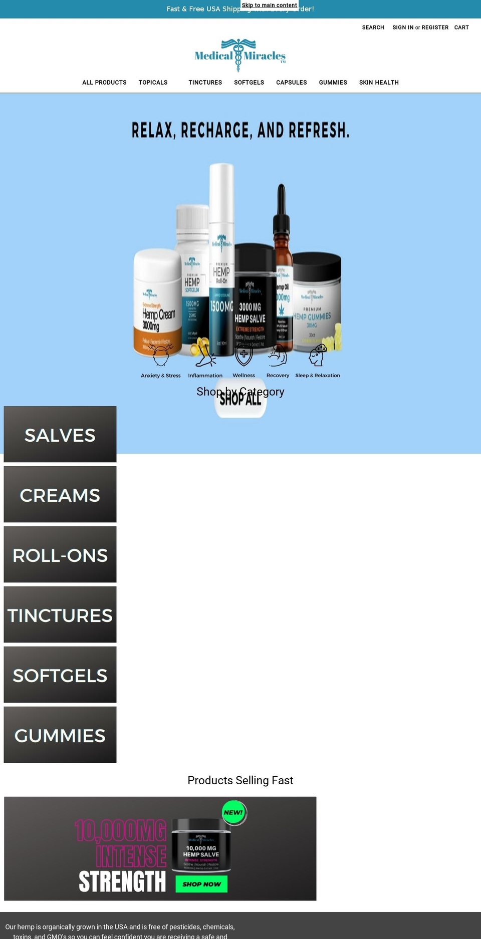 medicalmiracleshemp.com — Shopify storefront screenshot