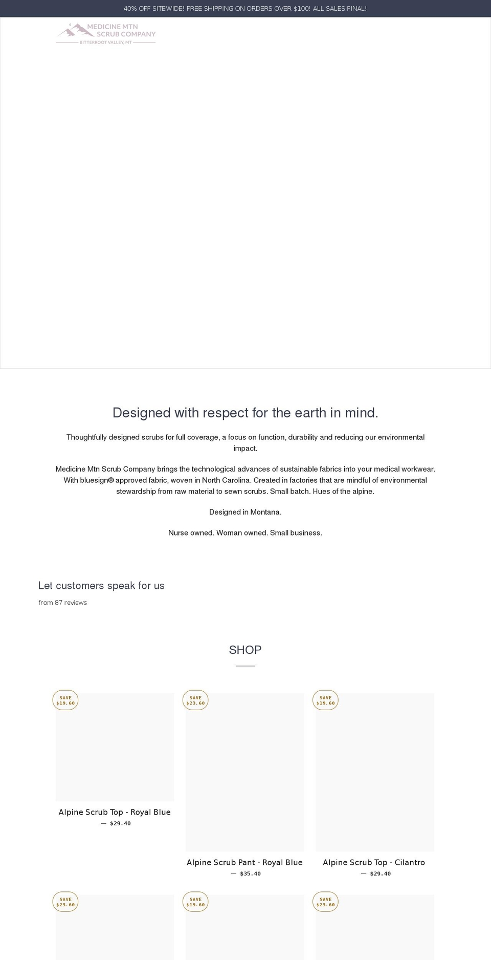 medicinemountainscrubs.com shopify website screenshot