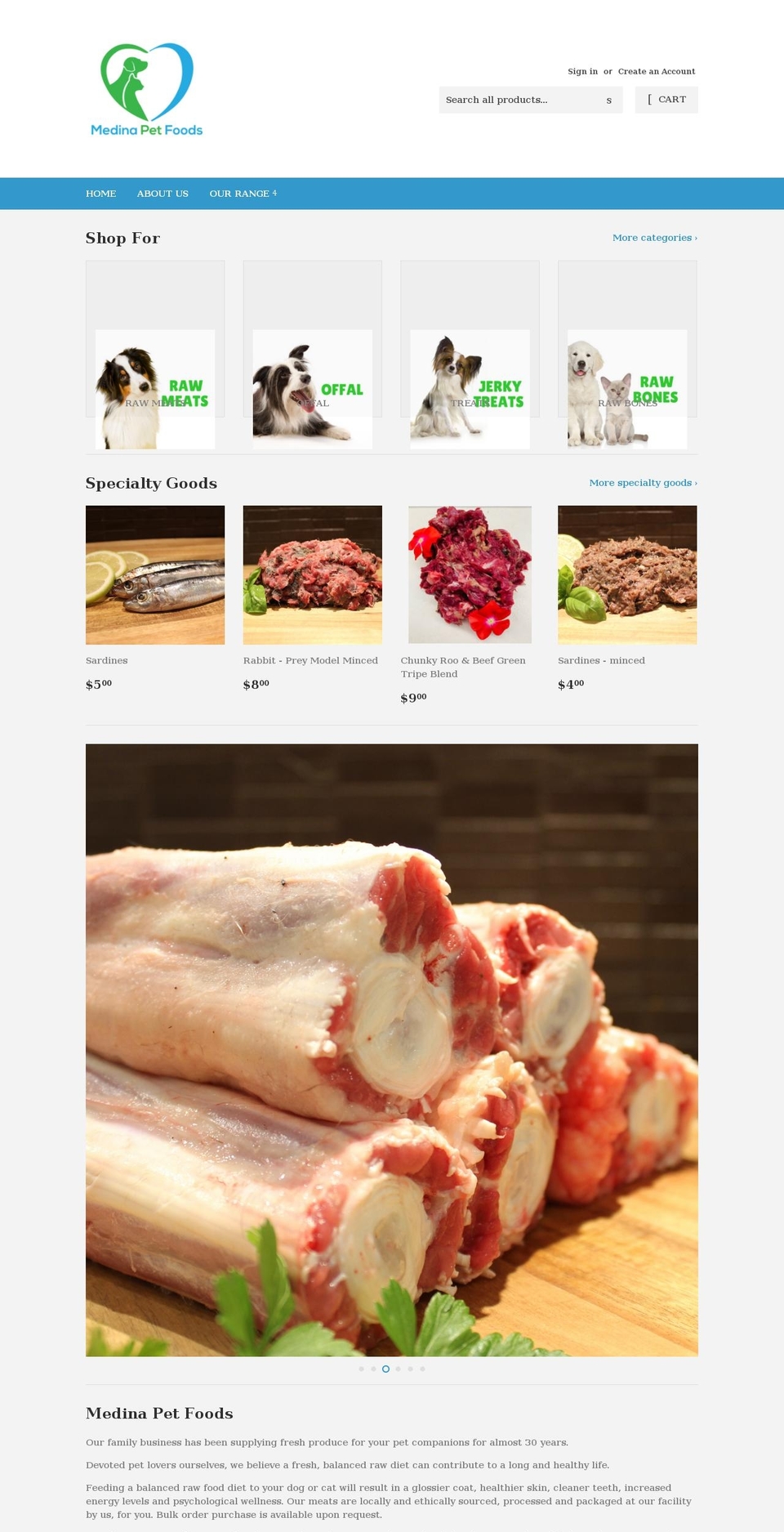 medinapetfoods.com shopify website screenshot