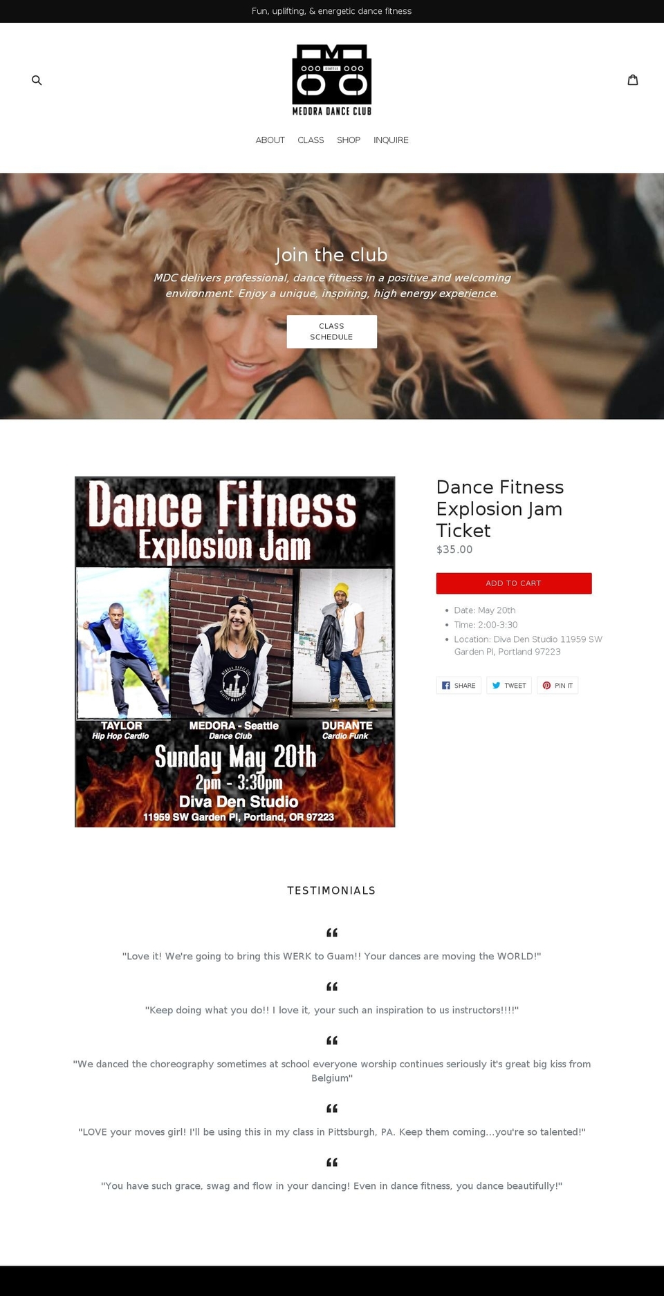 medoradanceclub.com — Shopify storefront screenshot