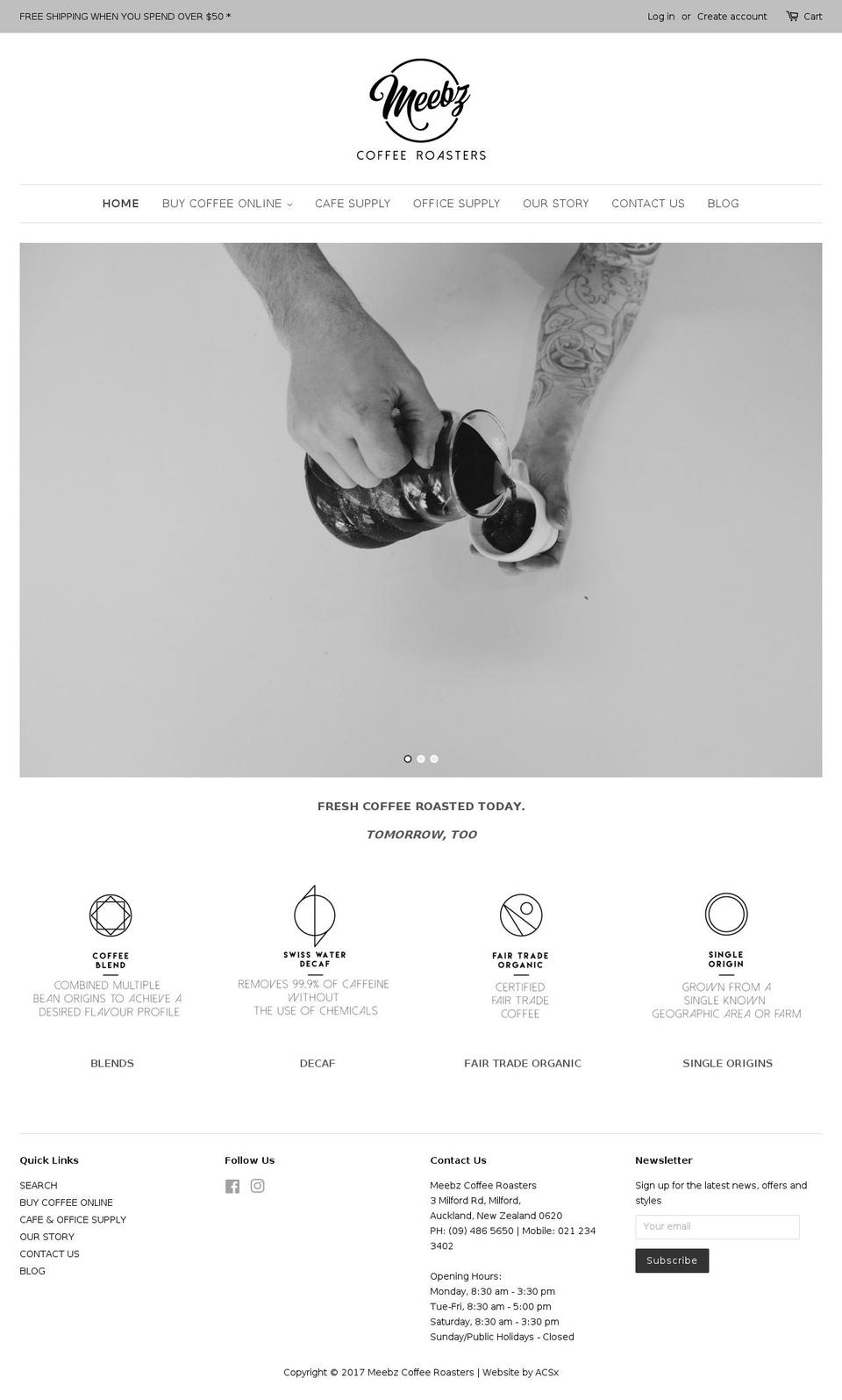 Providence Shopify theme site example meebzcoffee.co.nz