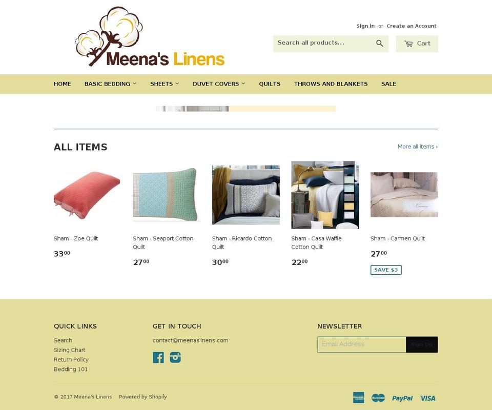 meenaslinens.com shopify website screenshot
