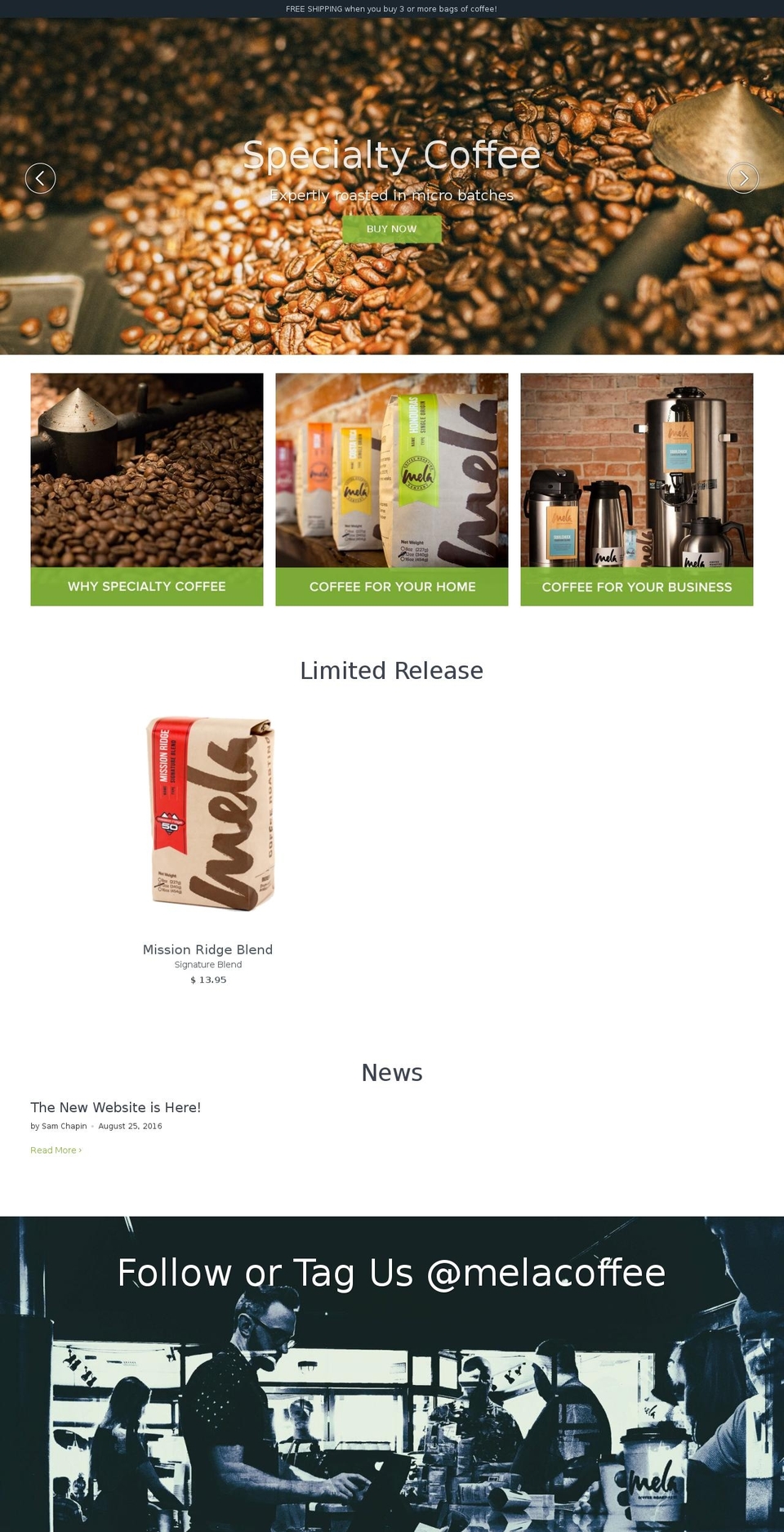 melacoffeeroasters.com — Shopify storefront screenshot