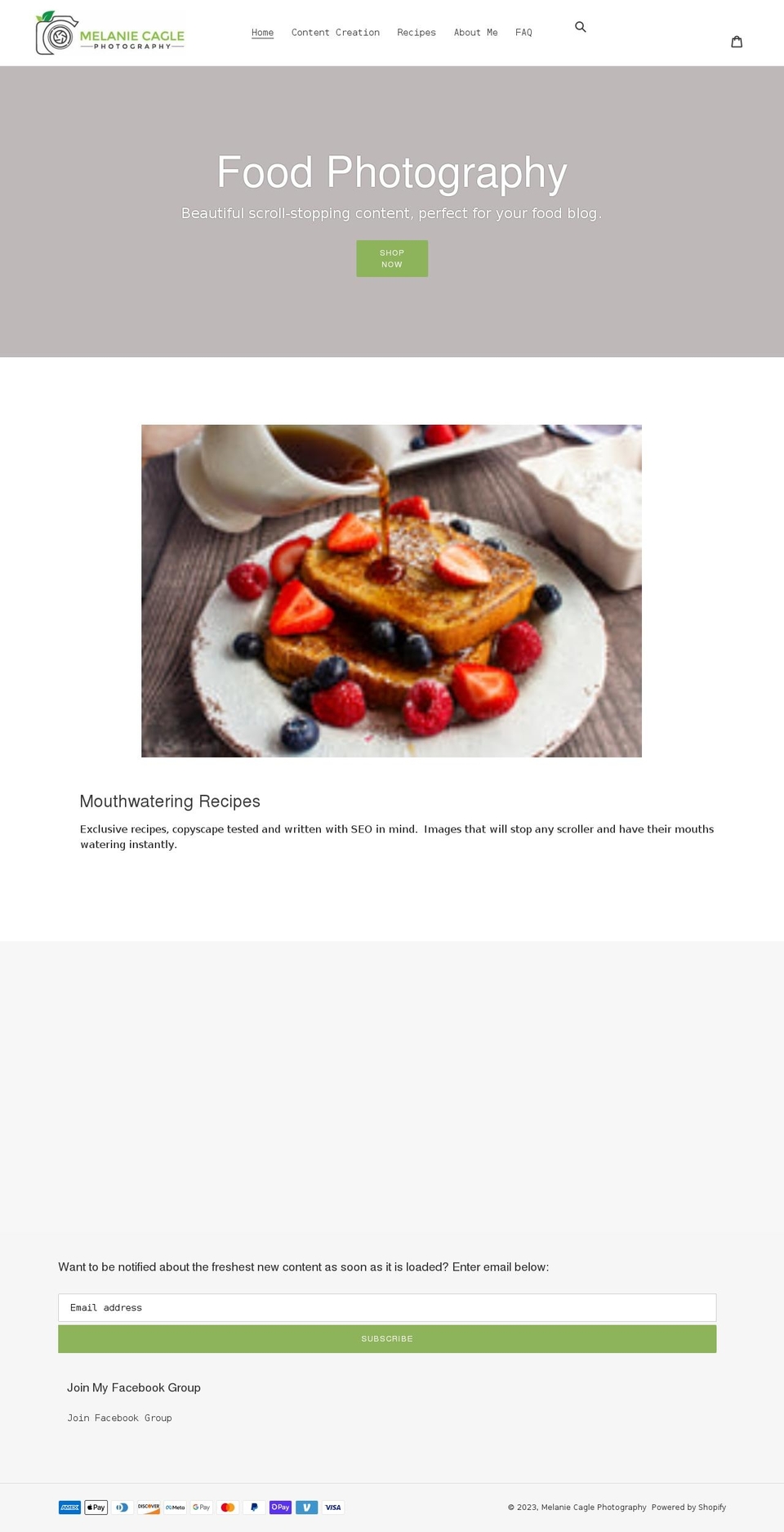 melaniecaglephotography.com shopify website screenshot