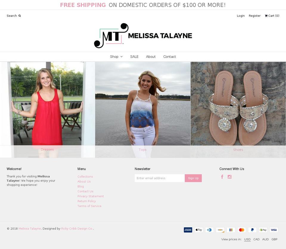 melissatalayne.com — Shopify storefront screenshot
