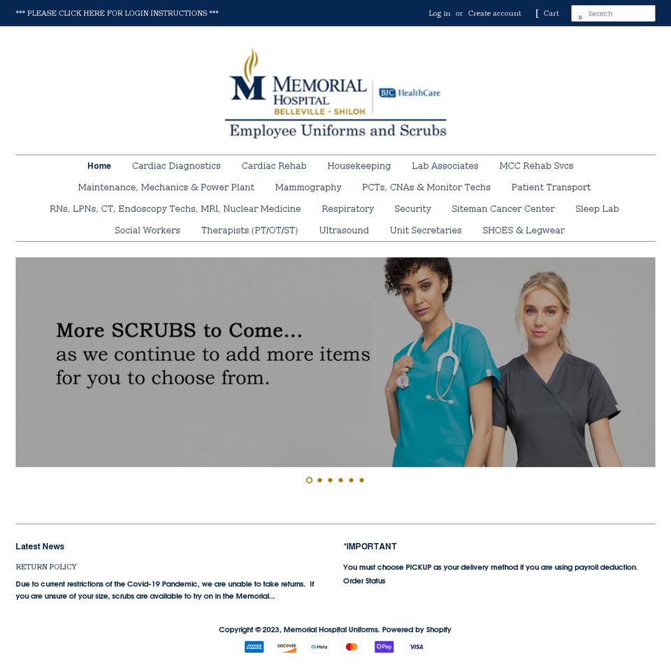 memorialhospitaluniforms.net shopify website screenshot