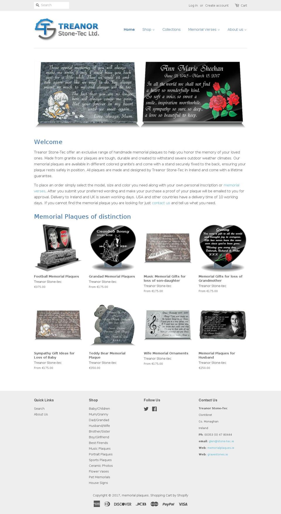 memorialplaques.ie shopify website screenshot