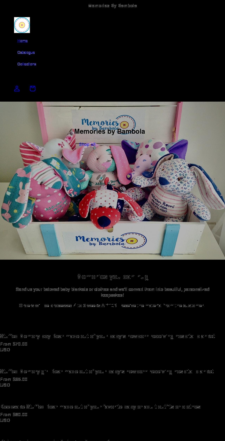 memoriesbybambola.com shopify website screenshot