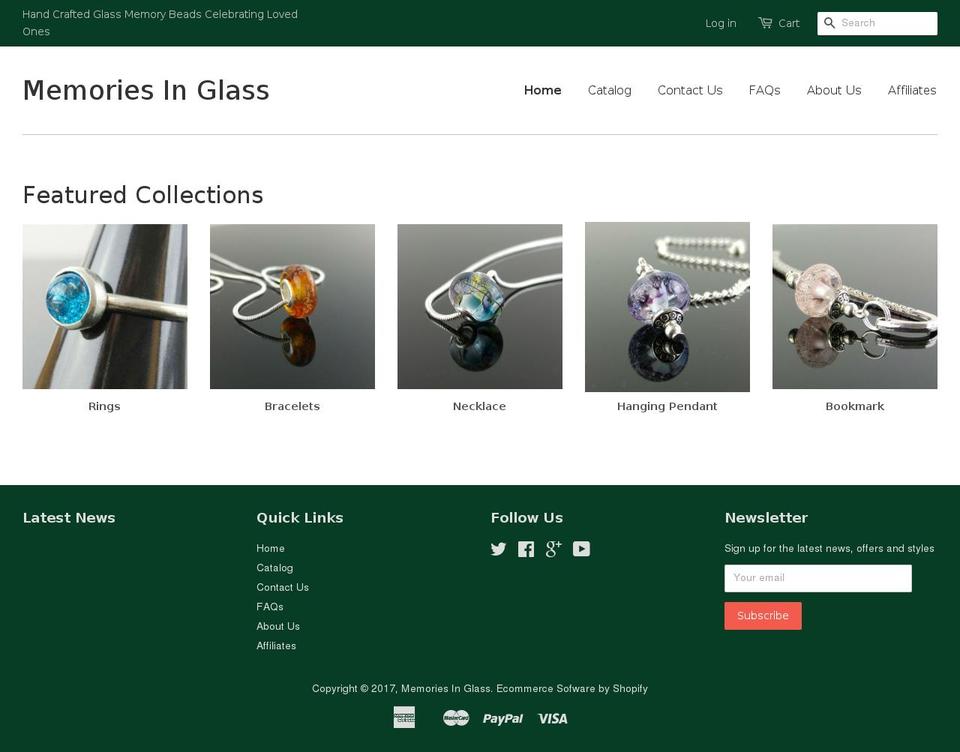 memoriesinglass.org shopify website screenshot