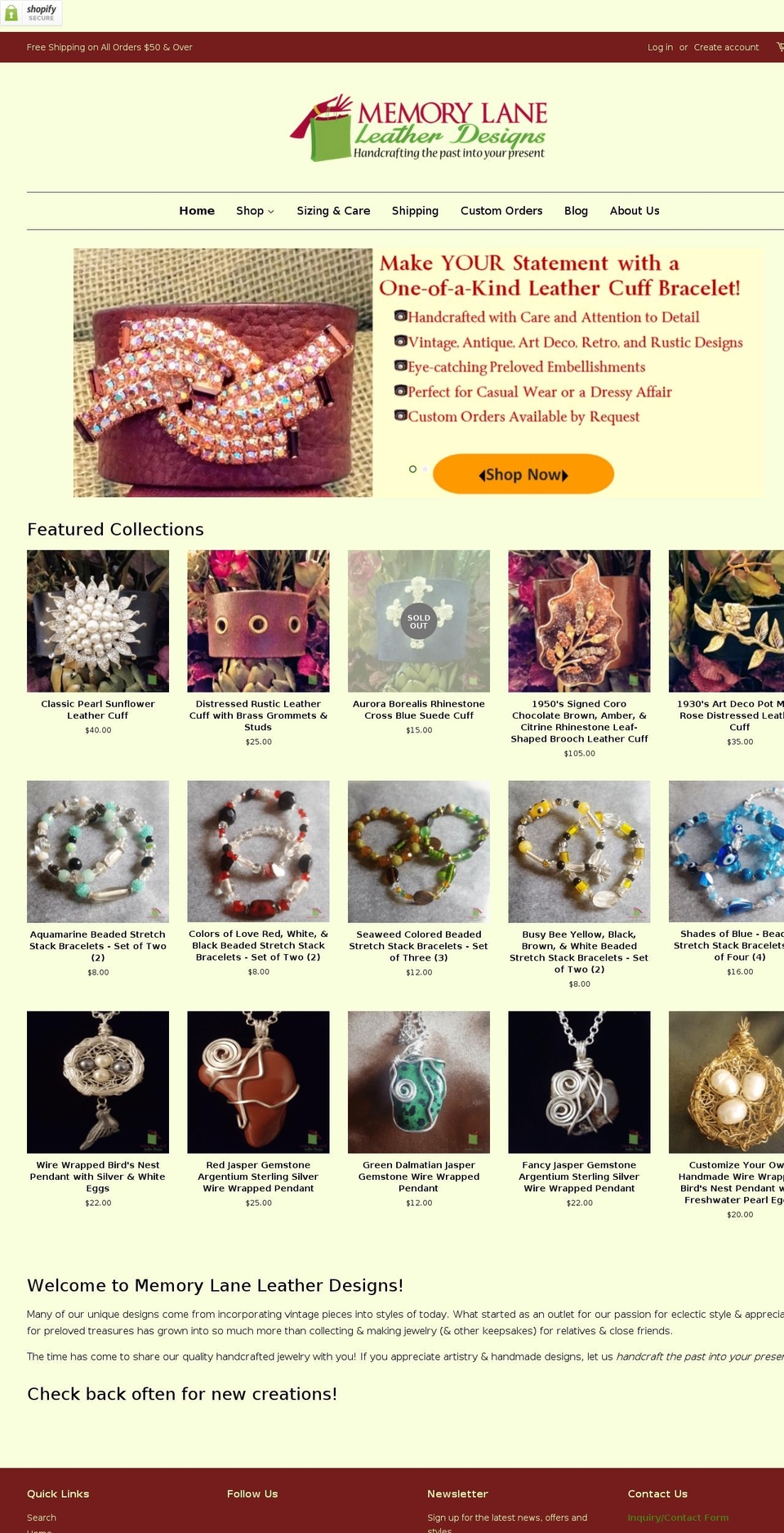 memorylaneleather.com — Shopify storefront screenshot