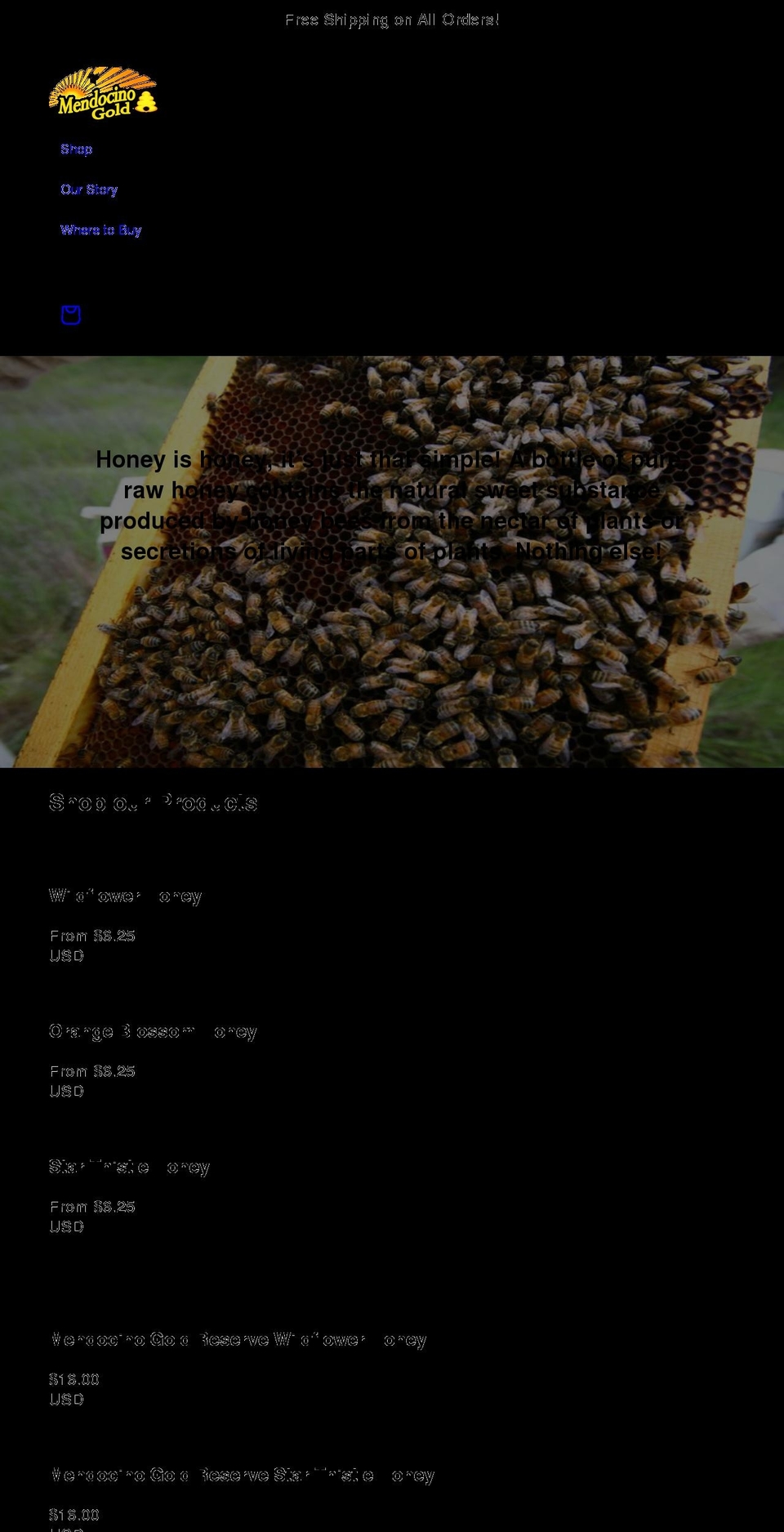 mendogoldhoney.com shopify website screenshot