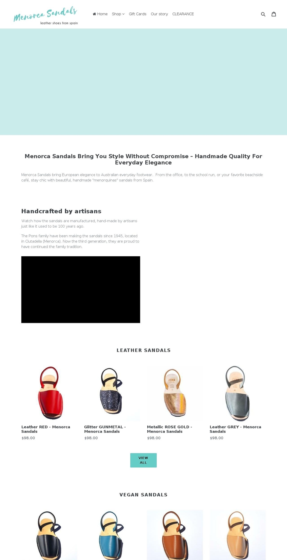menorcasandals.com.au shopify website screenshot
