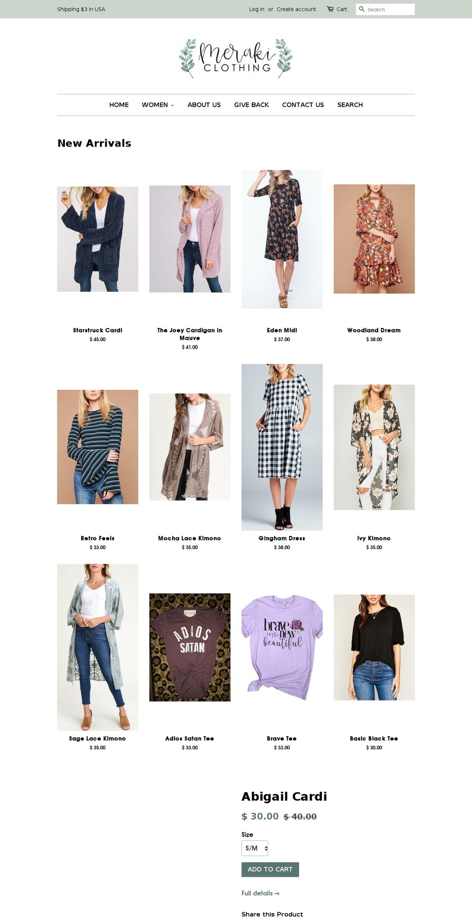 merakiclothinggives.com — Shopify storefront screenshot