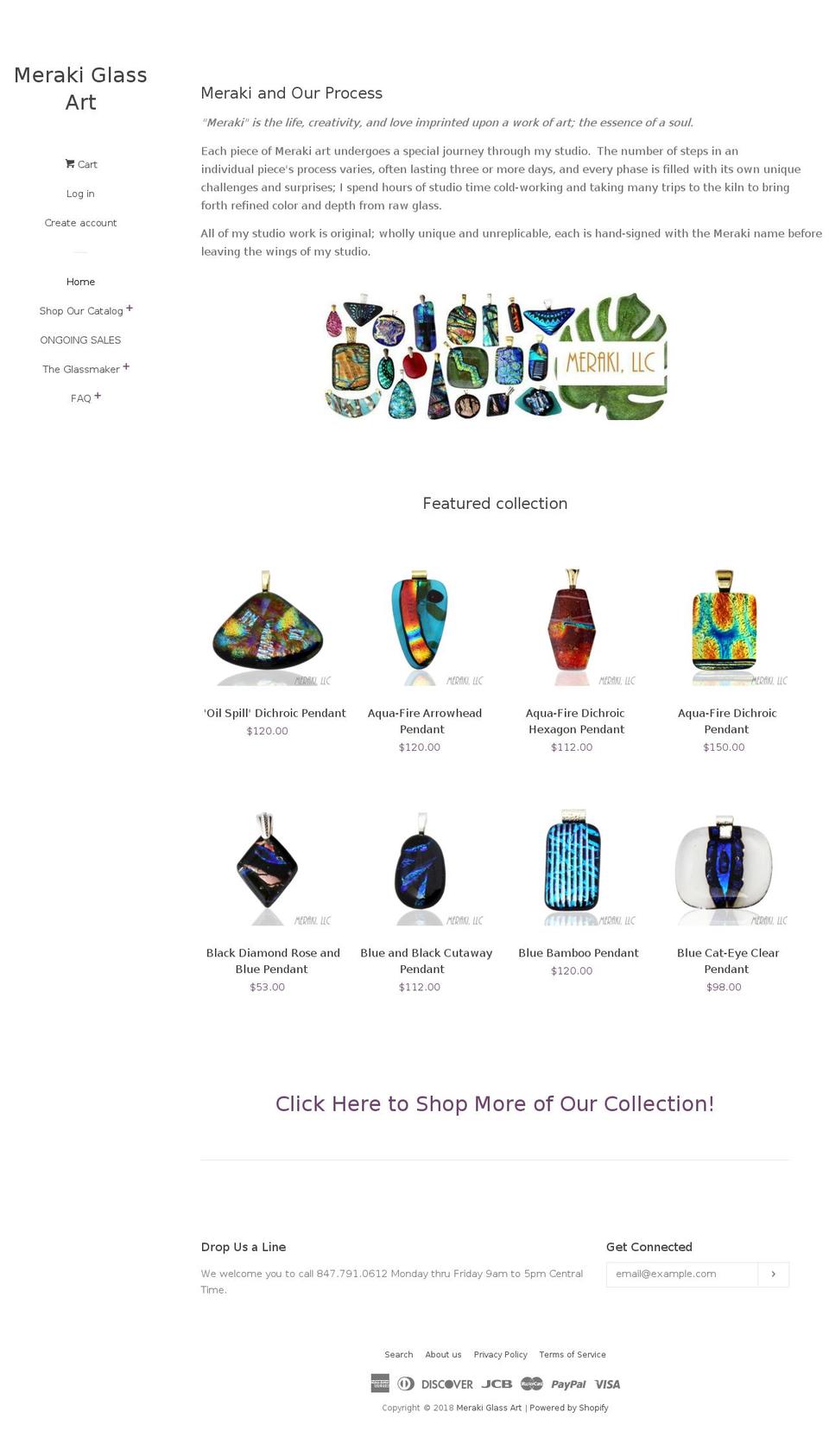 merakiglassart.com shopify website screenshot